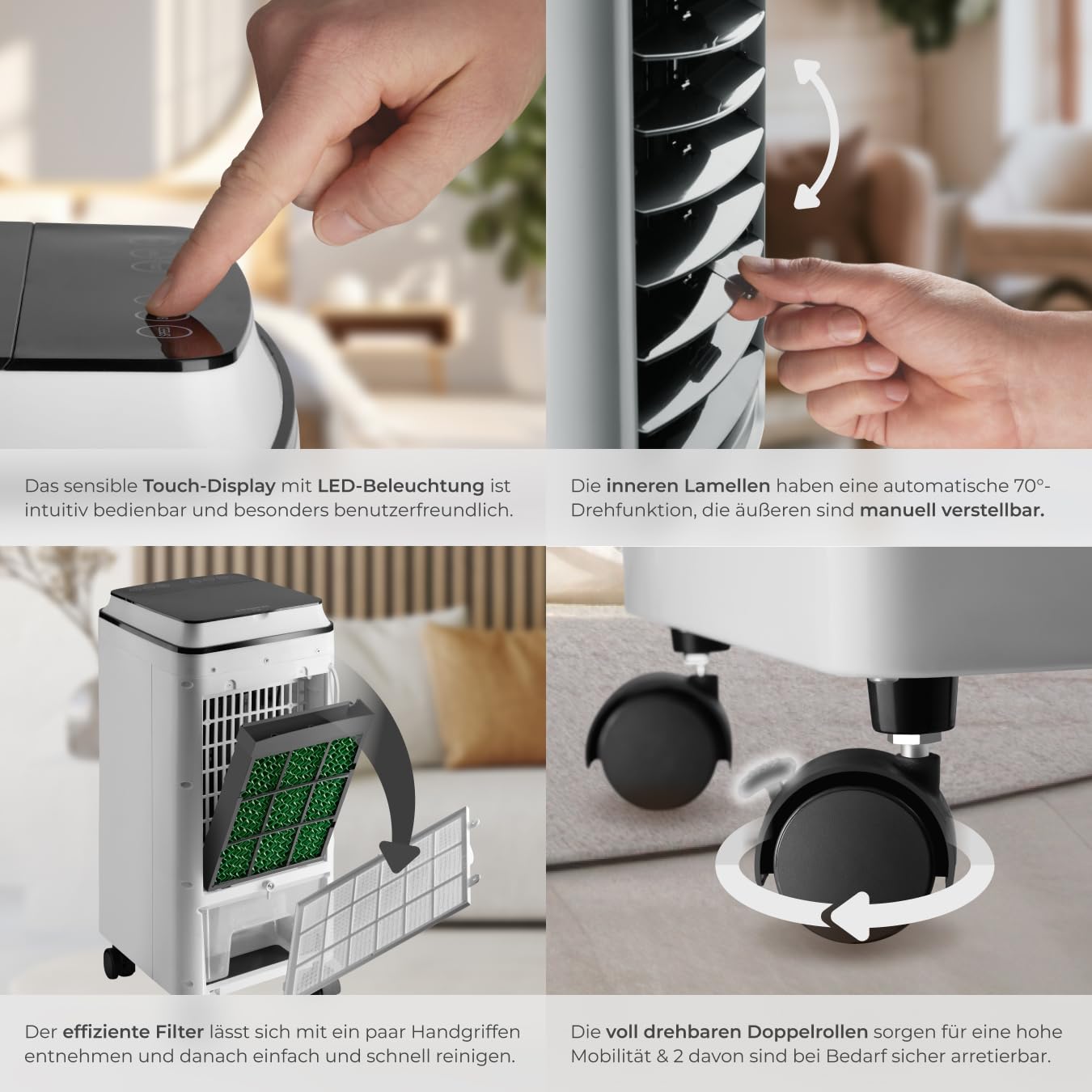tectake® Mobiles Klimagerät 3in1, Ventilator, Air Conditioner ohne Abluftschlauch, mobiler Luftkühler mit Fernbedienung und Timer, portable Kühlung und Luftbefeuchter für Schlafzimmer oder Büro