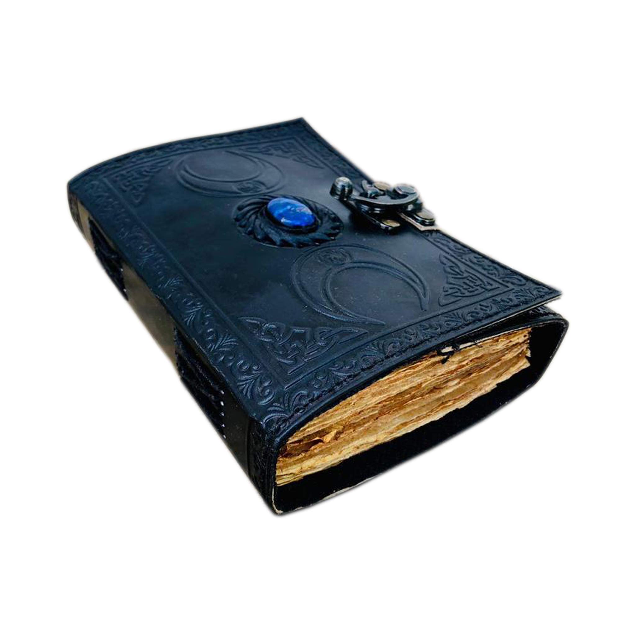 ALCRAFT Handmade Leather journal Lapis Stone Crystal Black Triple Moon - Book Of Shadows, Antique Deckle Edge Paper - Sketchbook, Grimoire, Blank Spell Book, sacred geometry