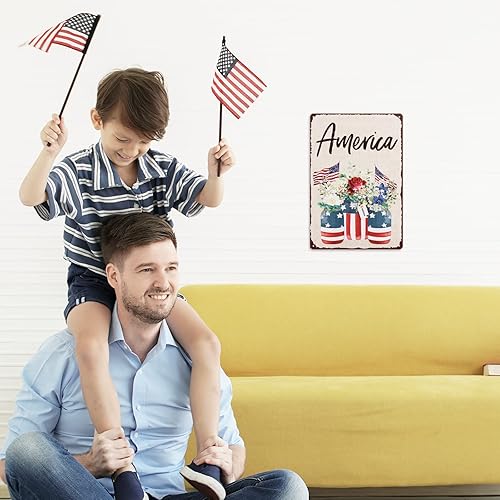 Miniatura 5 de Whaline Letrero patriótico de hojalata con la bandera estadounidense, letrero de metal impreso para decoración de pared del 4 de julio, letrero