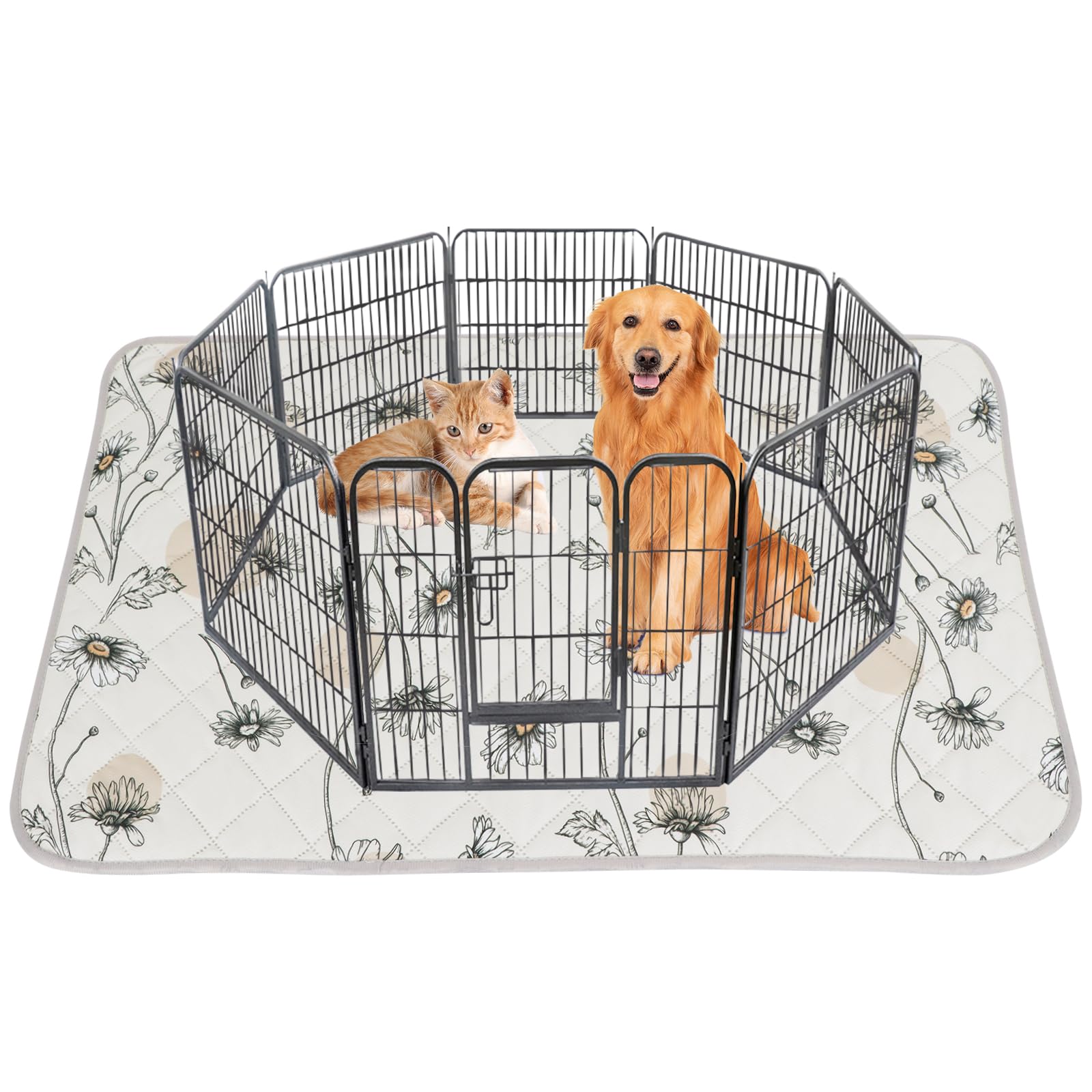 IEUUMLER Washable Pee Pads for Dogs, 1 Pack Non-Slip &amp; Waterproof Pack Whelping Pad, Reusable Washable Puppy Potty Training Pad with Fast Absorbent for Playpen EU007 (Beige Daisy, 63"X63"-1pcs)