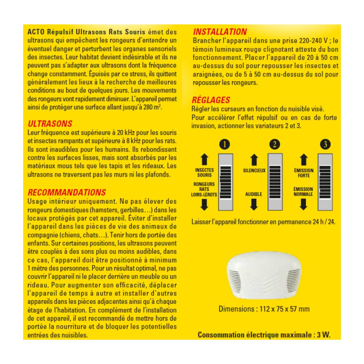 RETRO | RÉPULSIF ULTRASONS RATS, SOURIS, LOIRS,LÉROTS, INSECTES RAMPANTS, ARAIGNÉES | Émetteur d’ultrasons répulsifs | RUS3