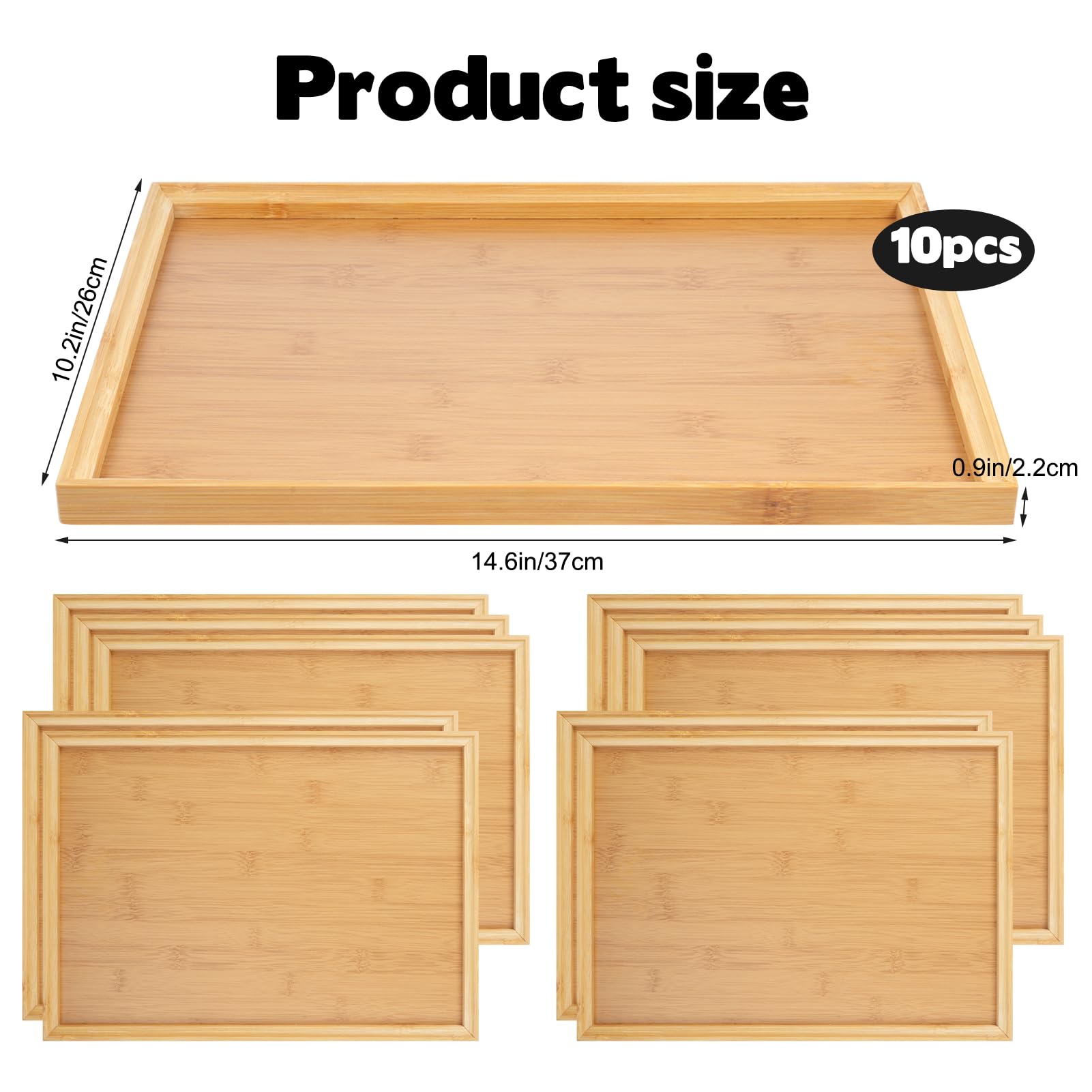 10er Set Rechteckige Bambus Serviertabletts – 37x26 cm Tabletts aus Bambus für Speisen, Getränke und Snacks – Stapelbar & Pflegeleicht