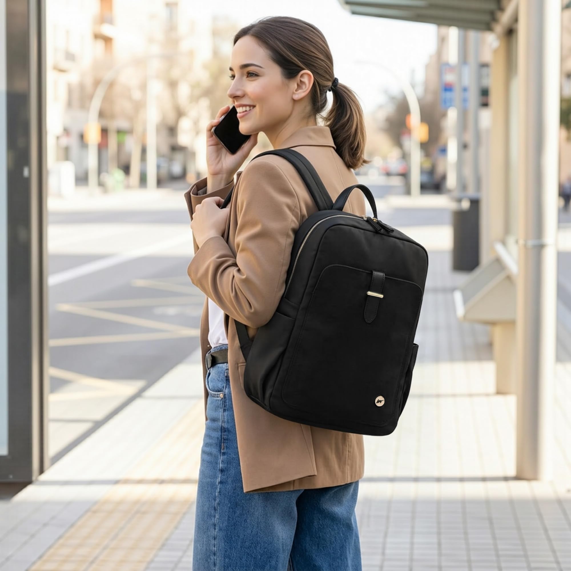 Zaino Semplice Donna Elegante Zaino Antifurto per 15,6 Pollici Laptop con Maniglia Borsa del College Casuale Viaggio Vacanza Quotidiano Impermeabile Nylon Donna Borse da Scuola Nero