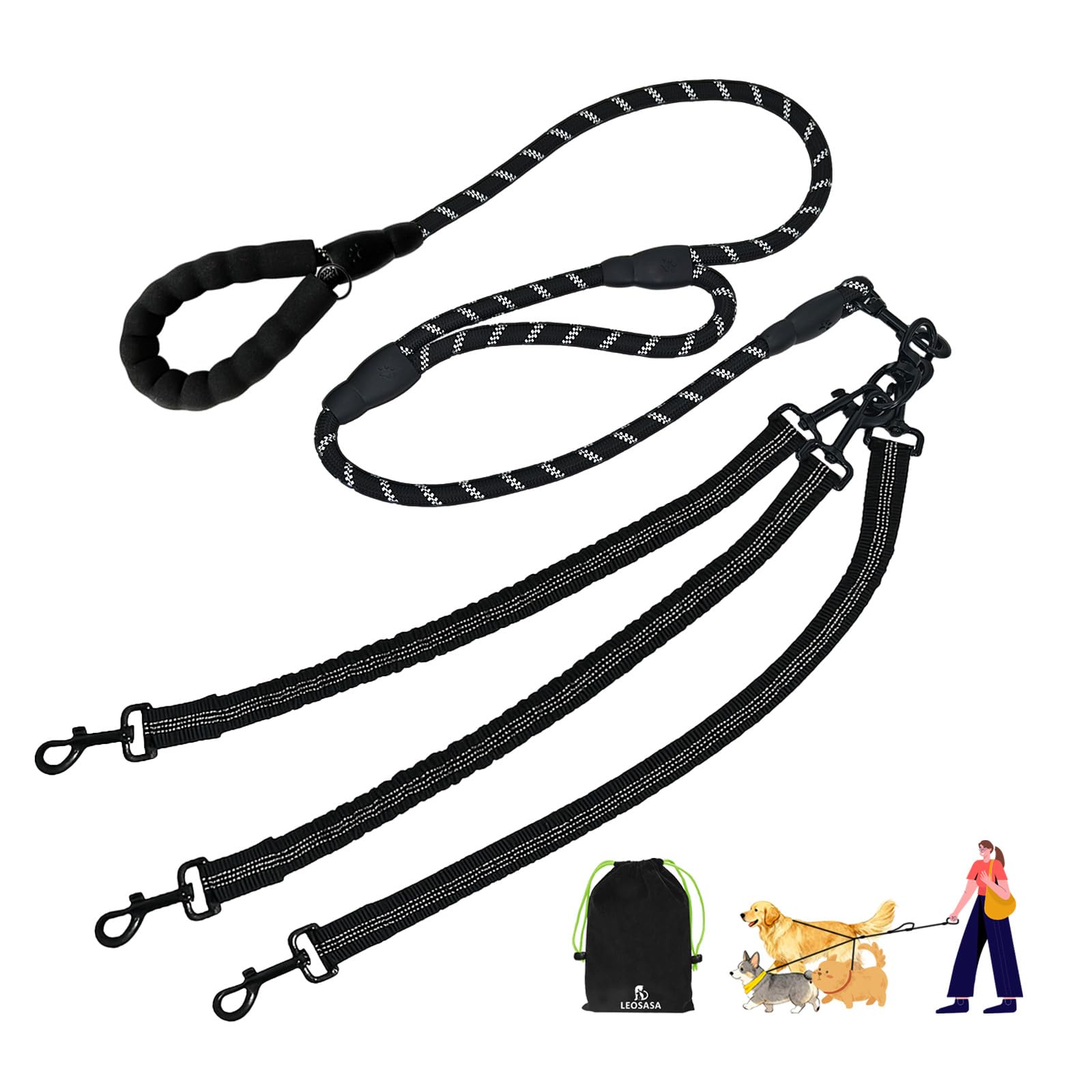LEOSASA No Tangle Leash for 3 Dogs, 3-in-1 Leash with 360° Swivel & Shock Absorbing Bungee, Padded Handle No Tangle Walking Lead for Large Medium Small Dog