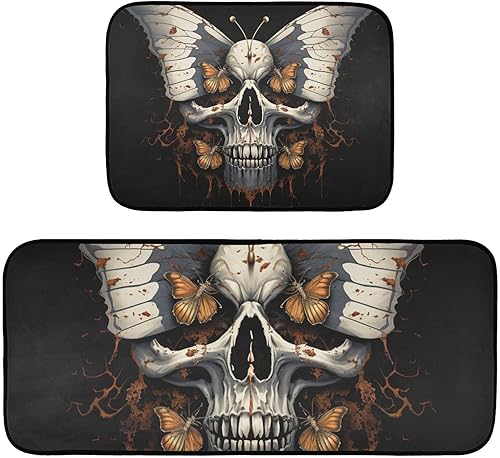 Kitchen Mats for Floor 2 Piece Set Skulland Butterfly Print, Anti Skid Cushioned Water Absorbent Kitchen Rugs Door Mat Floor Mats for Kitchen Sink