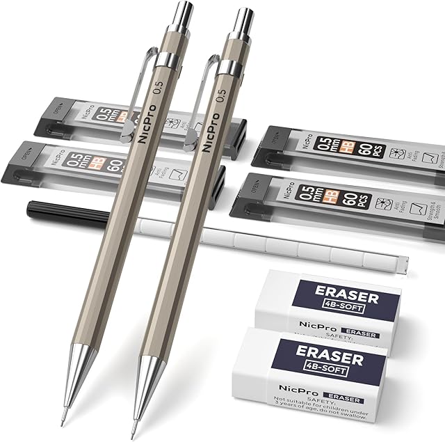 Metal 0.5 mm Mechanical Pencil Set with Case, 2 PCS Nicpro Propelling Pencil with Lead Refill & Erasers for Artist Writing, Drawing, Drafting, Sketching