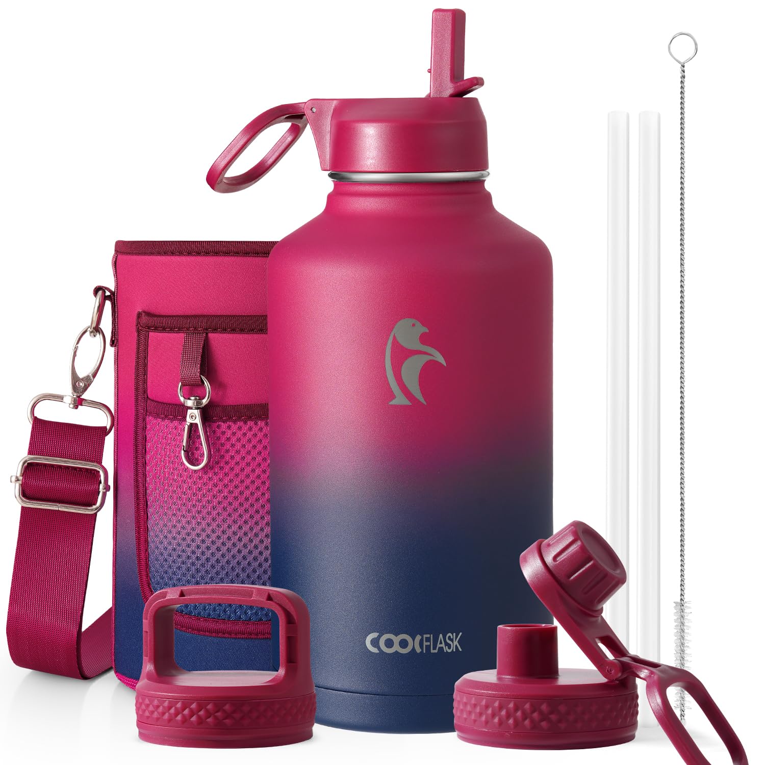 Half Gallon Water Bottle Insulated with Straw & 3 Lids, Coolflask 64 oz Water Jug Large Metal Stainless Steel Wide Mouth for Sports, Gym or Office, Non-BPA Keep Cold 48H Hot 24H, Ombre Wine/Navy — image 1