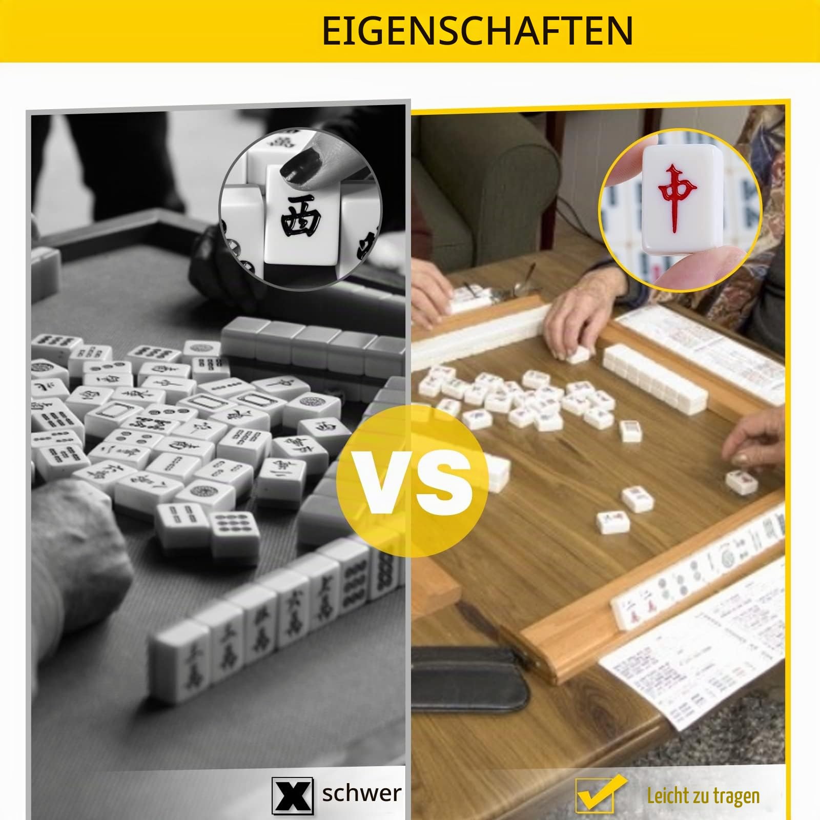 Dyna-Living Chinesisches Mini-Mahjong-Set, solide Struktur, leicht zu lesendes Spiel, 144 Mahjong-Fliesen, 2 Würfel und Leder-Tragetasche, komplettes Majong-Set für Sammeltischspiele