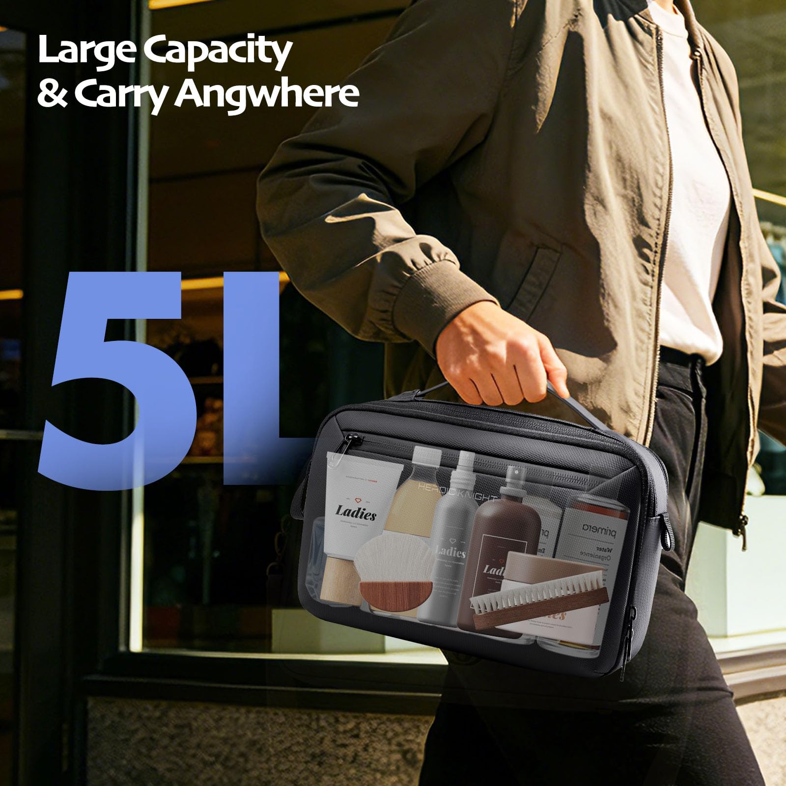 Neceser Hombre Viaje Impermeable, Bolsa de Aseo Grande con Apertura 180° Neceser Colgante con Compartimento Húmedo Separado, Organizador de Artículos de Tocador 1800D Oxford para Viaje Negocios-Negro