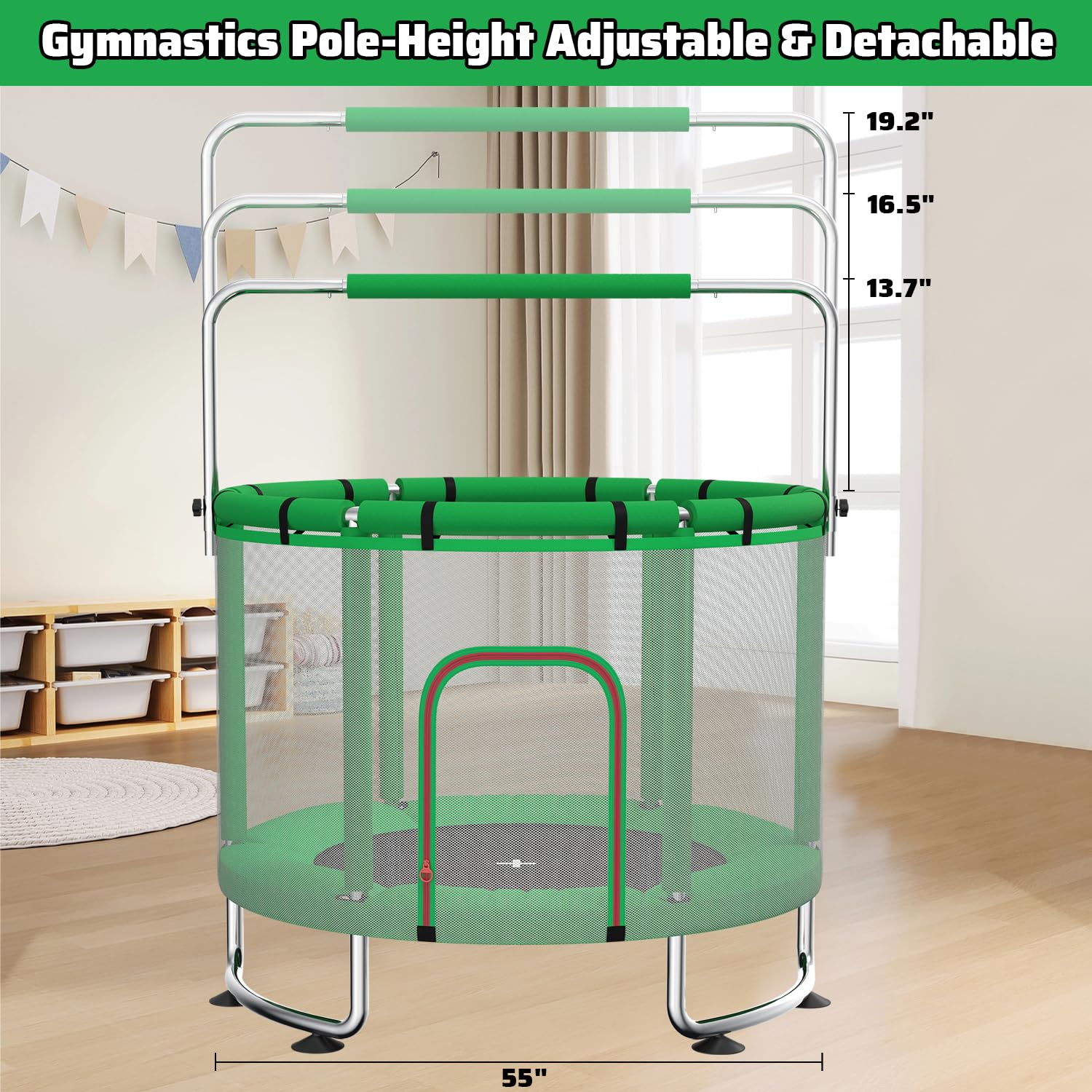Trampoline pour Enfants 140 cm intérieur/extérieur – Charge maximale 50 kg avec Filet de sécurité, Barre de Gymnastique réglable et Panier de Basket, Cadeau pour garçons et Filles