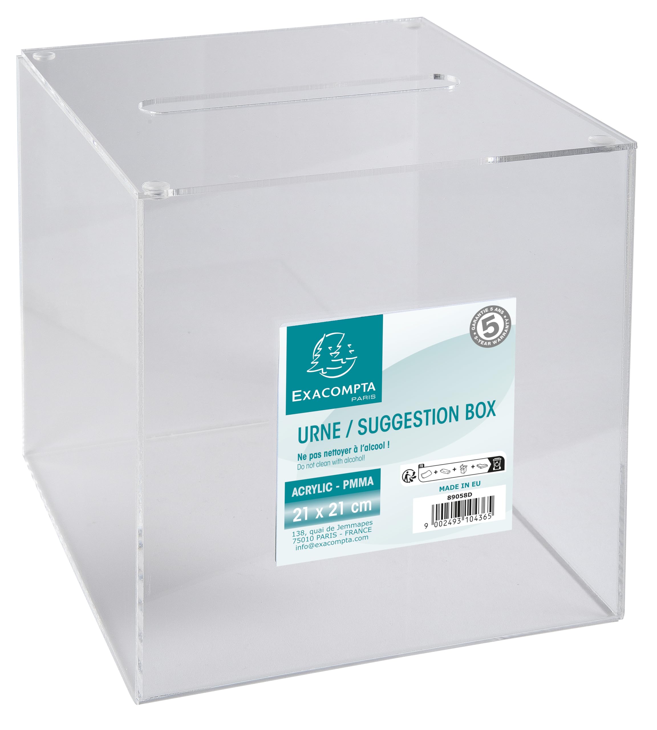Exacompta - Réf. 89058D - 1 Urne transparente avec couvercle 21 cm - Dimensions 210 x 210 x 210 mm - PMMA (acrylique) scrutins, concours, tombolas, dons caritatifs, boîte à idée - Couleur Cristal