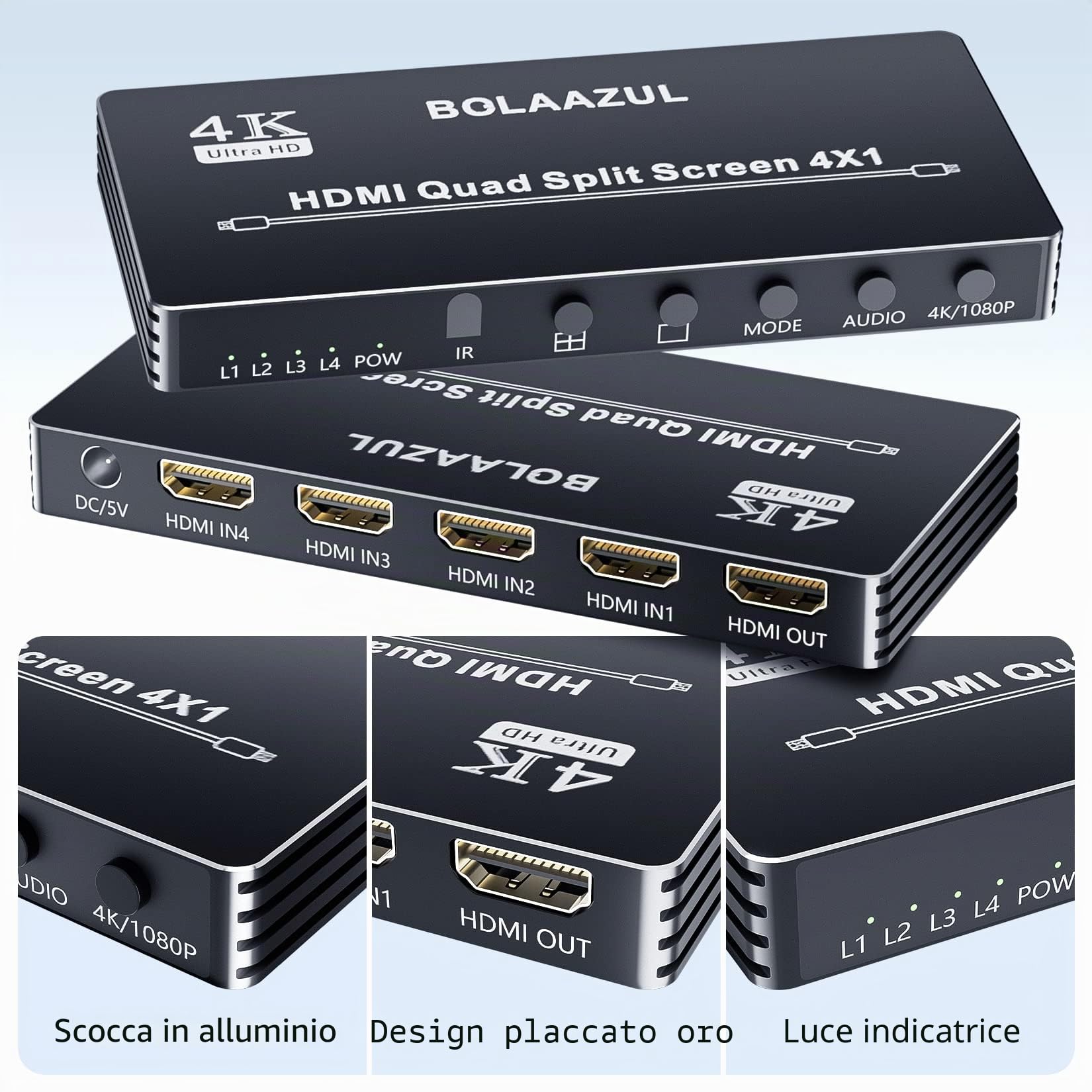 BolAAzuL 4X1 HDMI Multiviewer Switch Box 4K 30Hz, Quad Screen Splitter/Multi Viewer Con Switch Senza Cuciture per PS4 DVD Camera PC TV Monitor