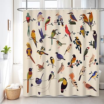 Renaiss 72 x 72 Inch Bird Shower Curtain for Bathroom Colorful Cute Parrot Birds on Tree Branch Farmhouse Funny Shower Curtains Polyester Waterproof Bathroom Decor Curtain Bath Decor with 12 Hooks