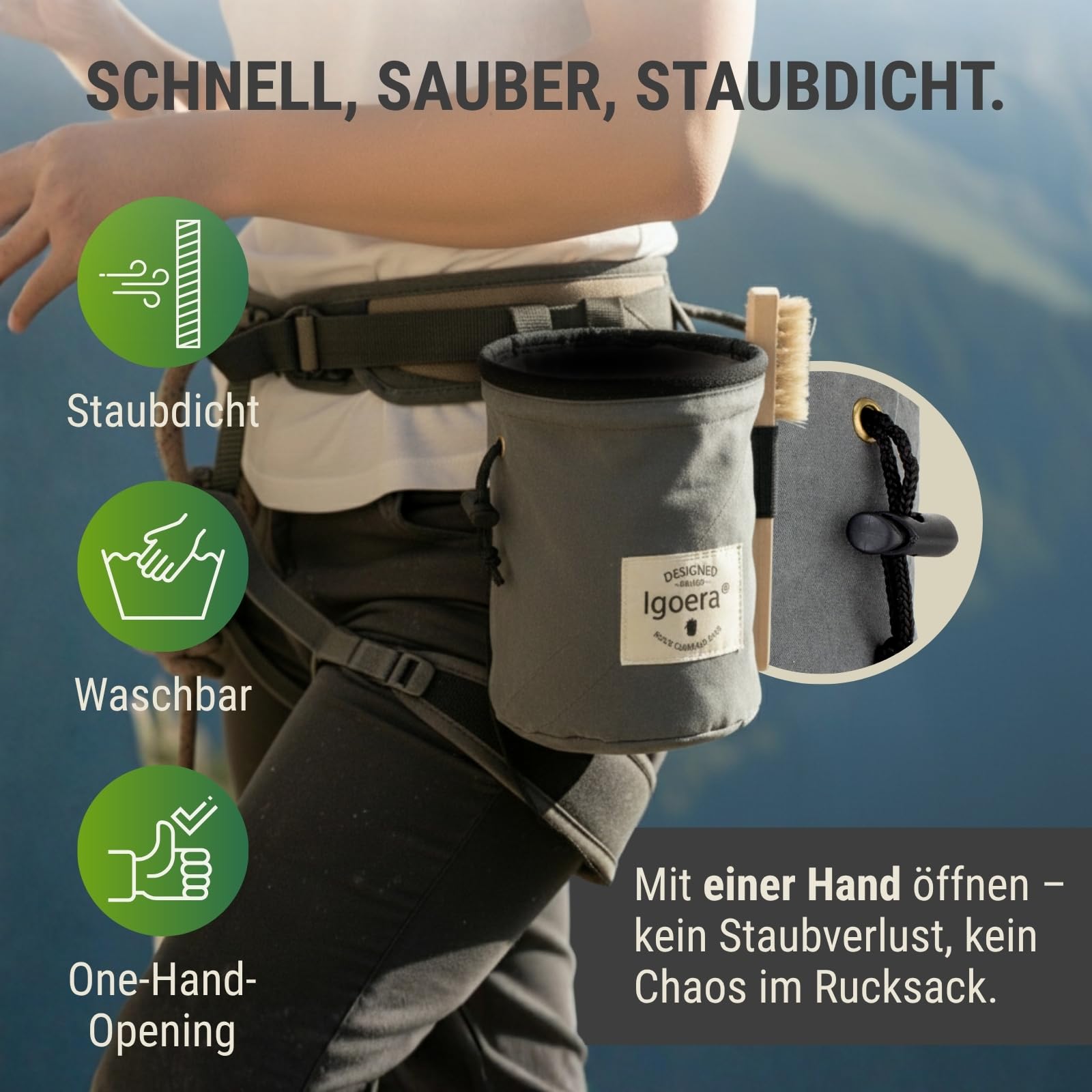 Boulder Set mit Chalkbag, Boulder-Bürste & Chalkball – Kletterzubehör Set für Bouldern & Klettern – Magnesiumbeutel mit Fleece-Futter, Wildschweinborsten-Bürste & Chalkball aus Baumwolle