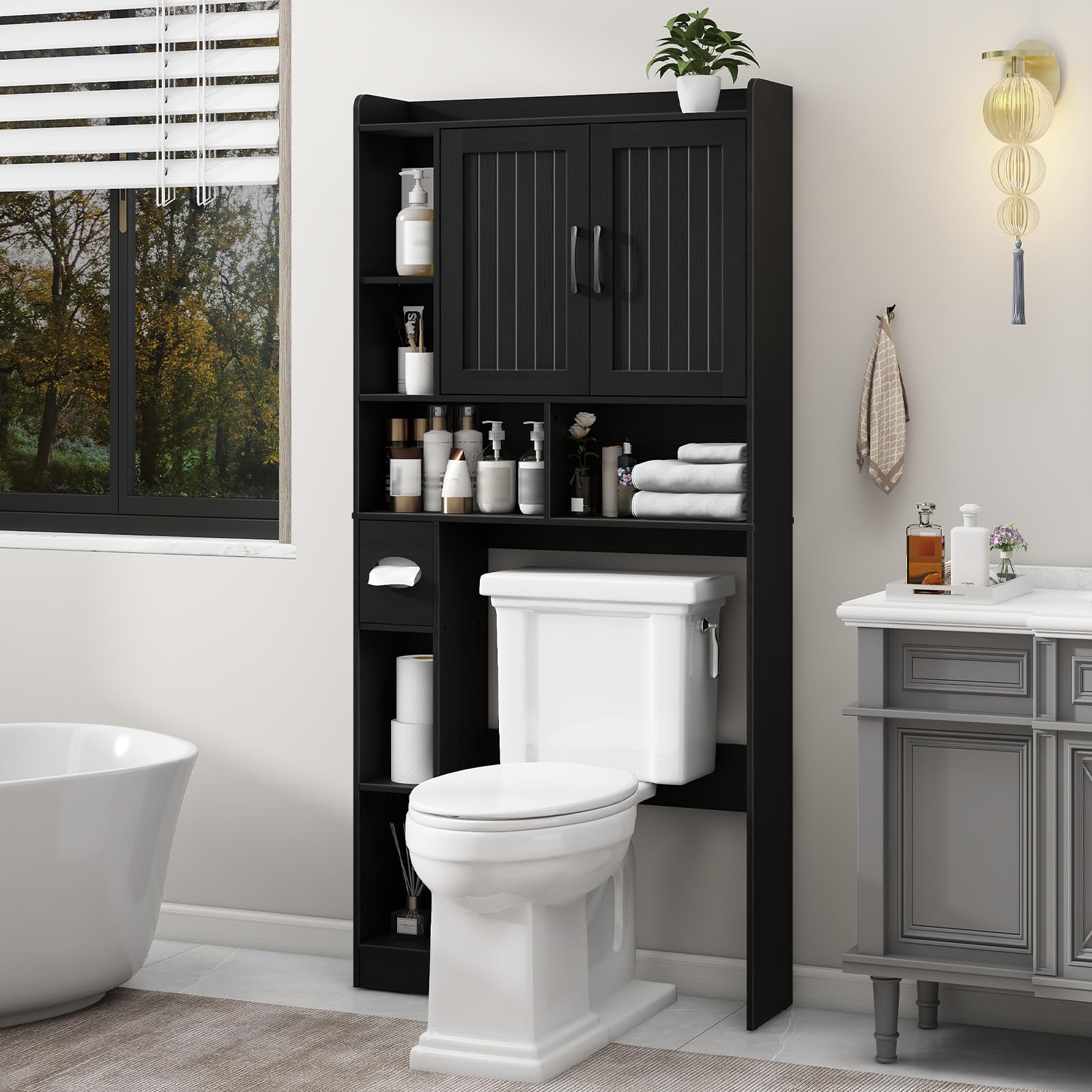 Vabches Over The Toilet Storage Cabinet, Farmhouse Storage Cabinet Over Toilet with Barn Door, Home Space-Saving Toilet Rack, for Bathroom, Restroom, Laundry(Black).: Black Barn Doors