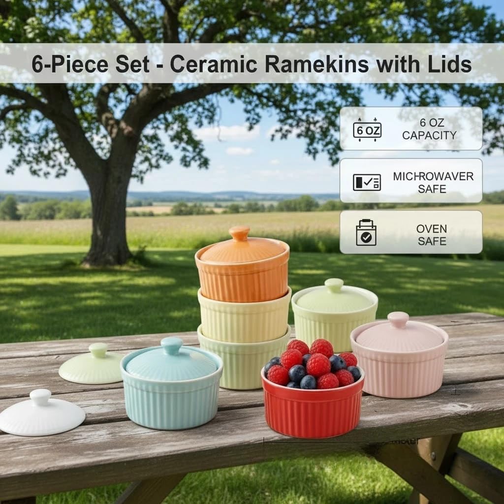 Ceramic Ramekins 6 Oz with Porcelain Lids Set of 6, Oven, Microwave & Dishwasher Safe Souffle and Creme Brulee Baking Dishes for Custard, Pudding & Individual Desserts, Durable Heat Resistant Design – Multicolor