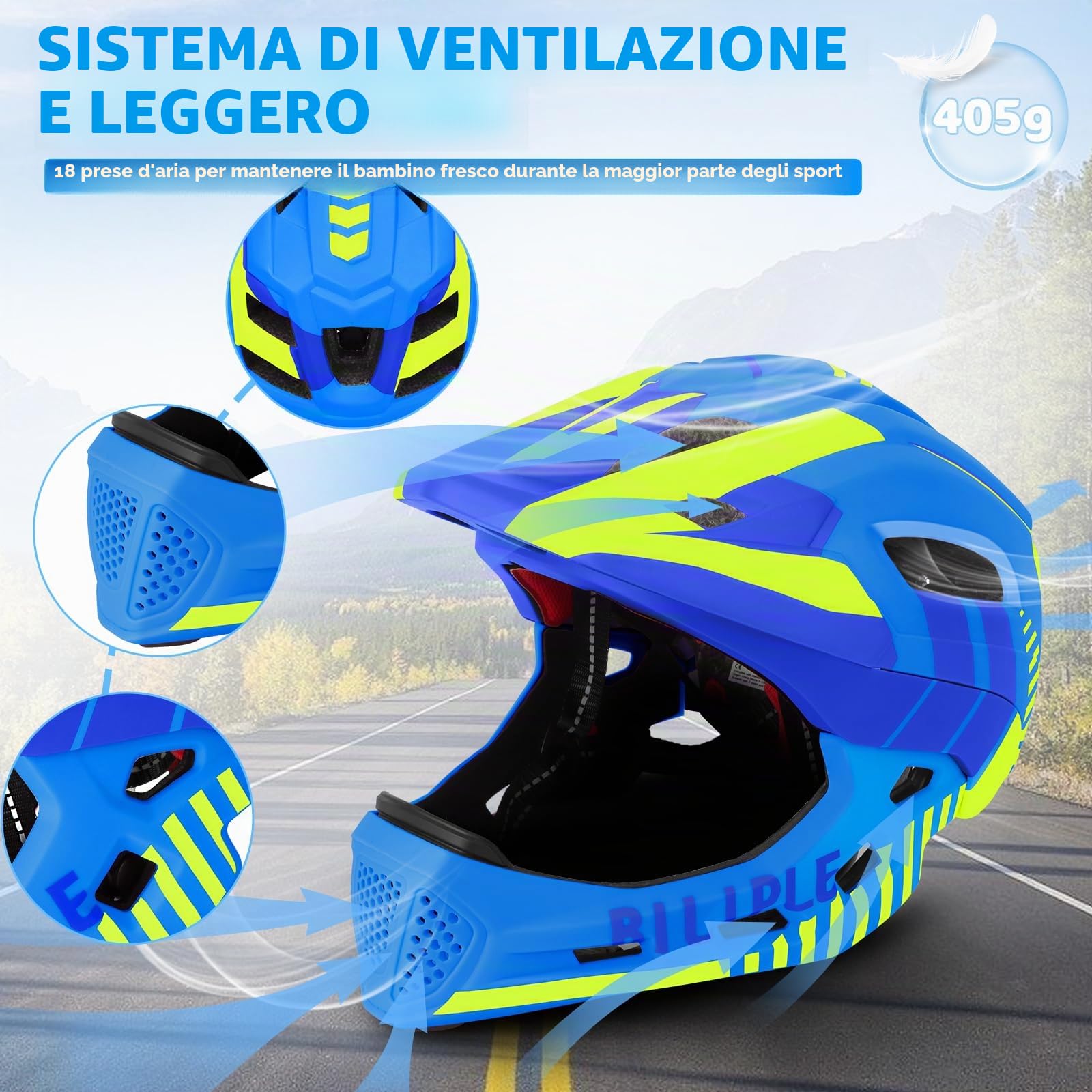 Casco da Bicicletta per Bambini, Caschi di Guida per Bimbo con Mentoniera Staccabile, Casco Integrale per Bambini e Adolescenti, Unisex 52-56 cm, per Balance Bike Scooter Roller Skates