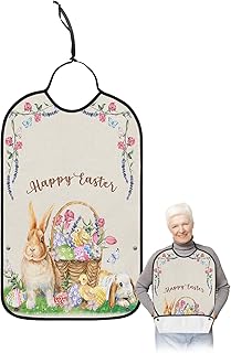Spring Easter Adult Bibs for Elder Women Men Eating, Bunny Colorful Eggs Floral Easter Basket Linen Texture Waterproof & Washable Bibs for Eating Clothing Protector Dining Bibs for Crumb Catcher