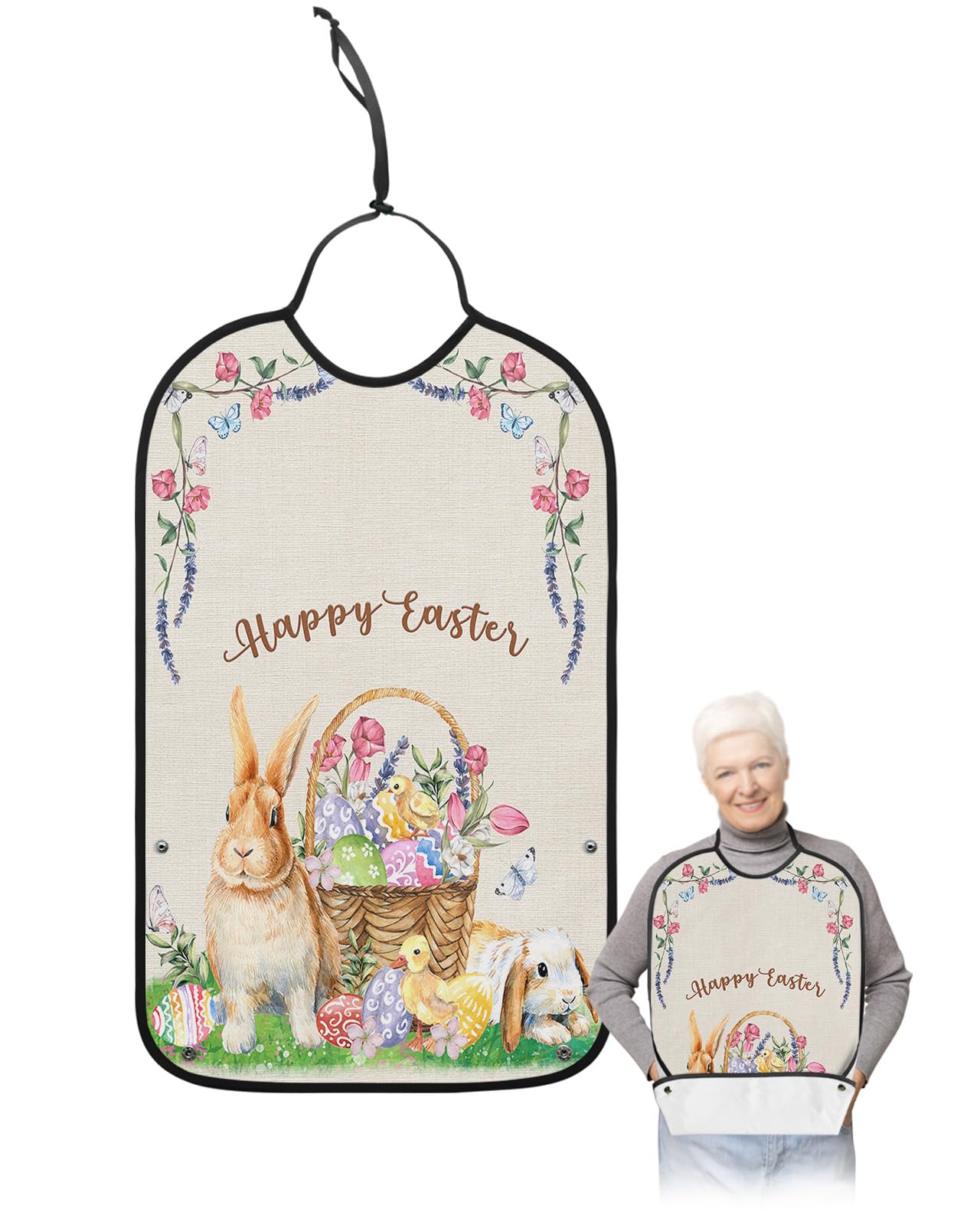 Spring Easter Adult Bibs for Eating, Waterproof Bibs with Food Catcher & Adjustable Snap Closure, Bunny Colorful Eggs Floral Easter Basket Linen Texture Clothing Protectors Adult Bibs for Elderly