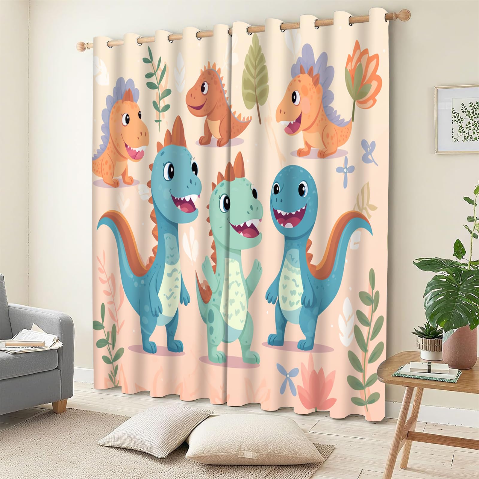 Rideau Occultant Dinosaure,Lot de 2 Rideaux Occultant Thermique Isolant à Oeillets,Garçon, Dessin Animé Decoration Chambre Salon Fenetre 140x160cm（LxH）