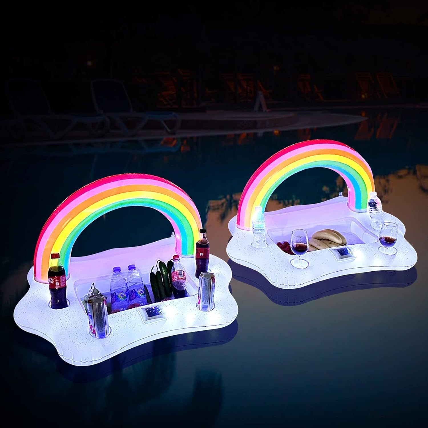 Aufblasbarer Regenbogen-Wolken-Getränkehalter mit Lichtern, solarbetriebene schwimmende Pool-Servierbar