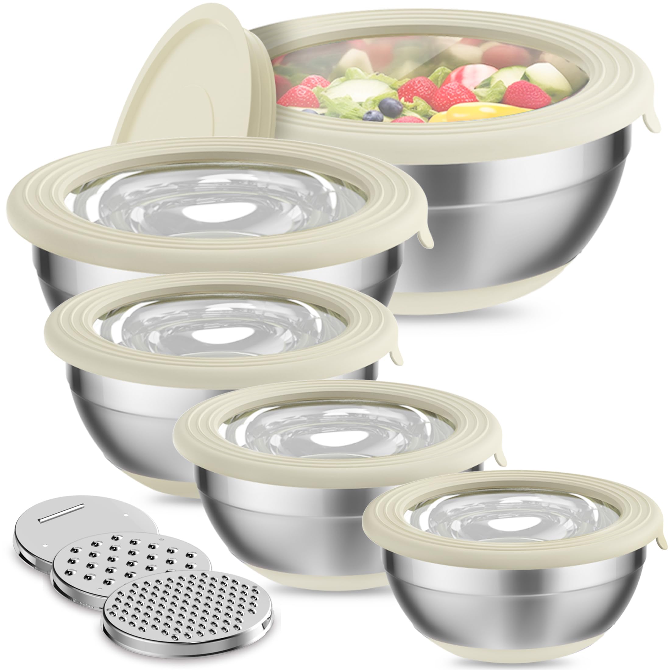 Mixing Bowls Set of 5, Stainless Steel Nesting Mixing Bowls with Khaki Lids, 3 Grater Attachments, Measurement Marks & Non-Slip Bottoms, Great for Mixing & Serving - Beige