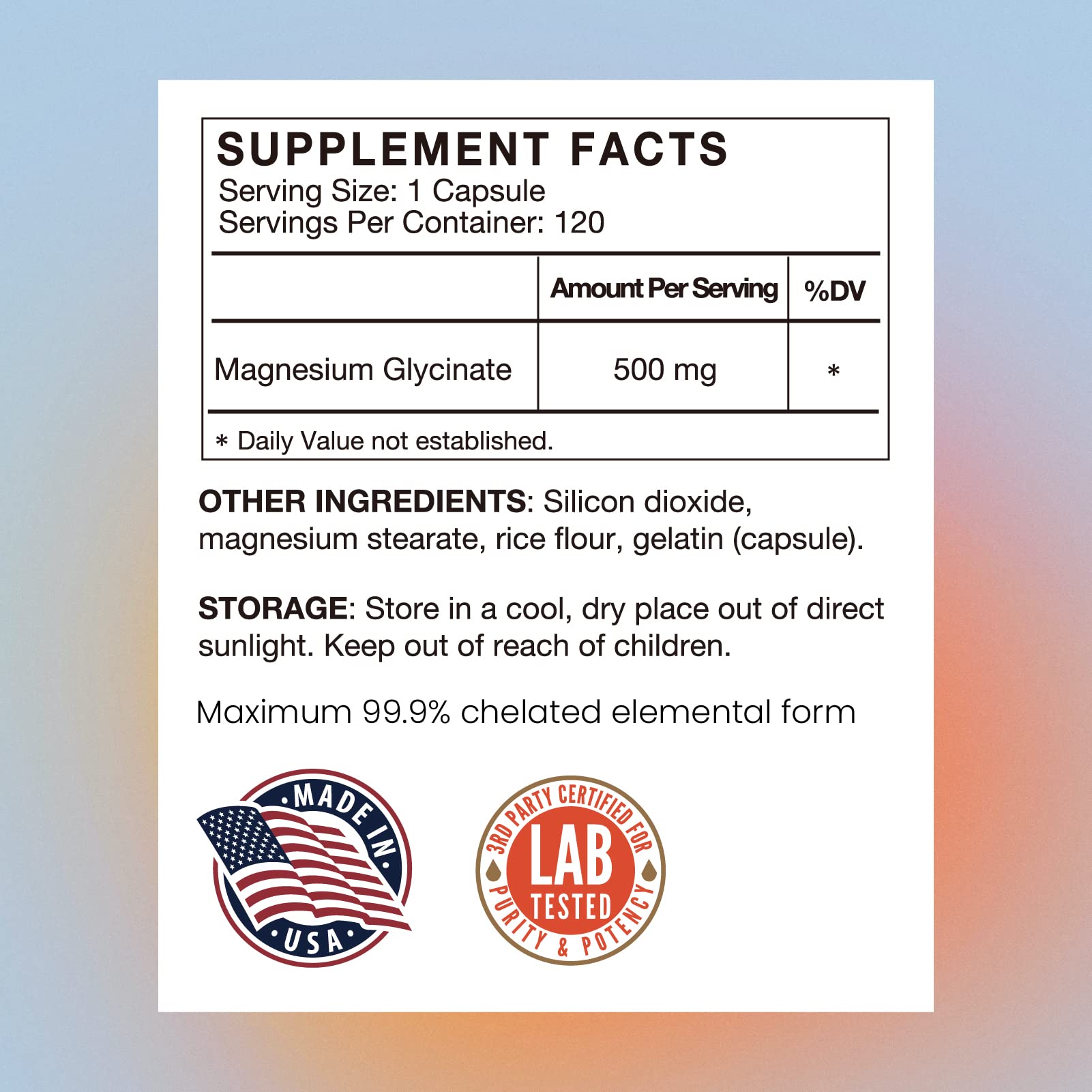 VHC Magnesium Glycinate 500mg Supplement Capsules, High Absorption- Gentle Form,Highly Purified Magnesium Mineral Supplements for Women & Men, 120 Caps, Made in USA