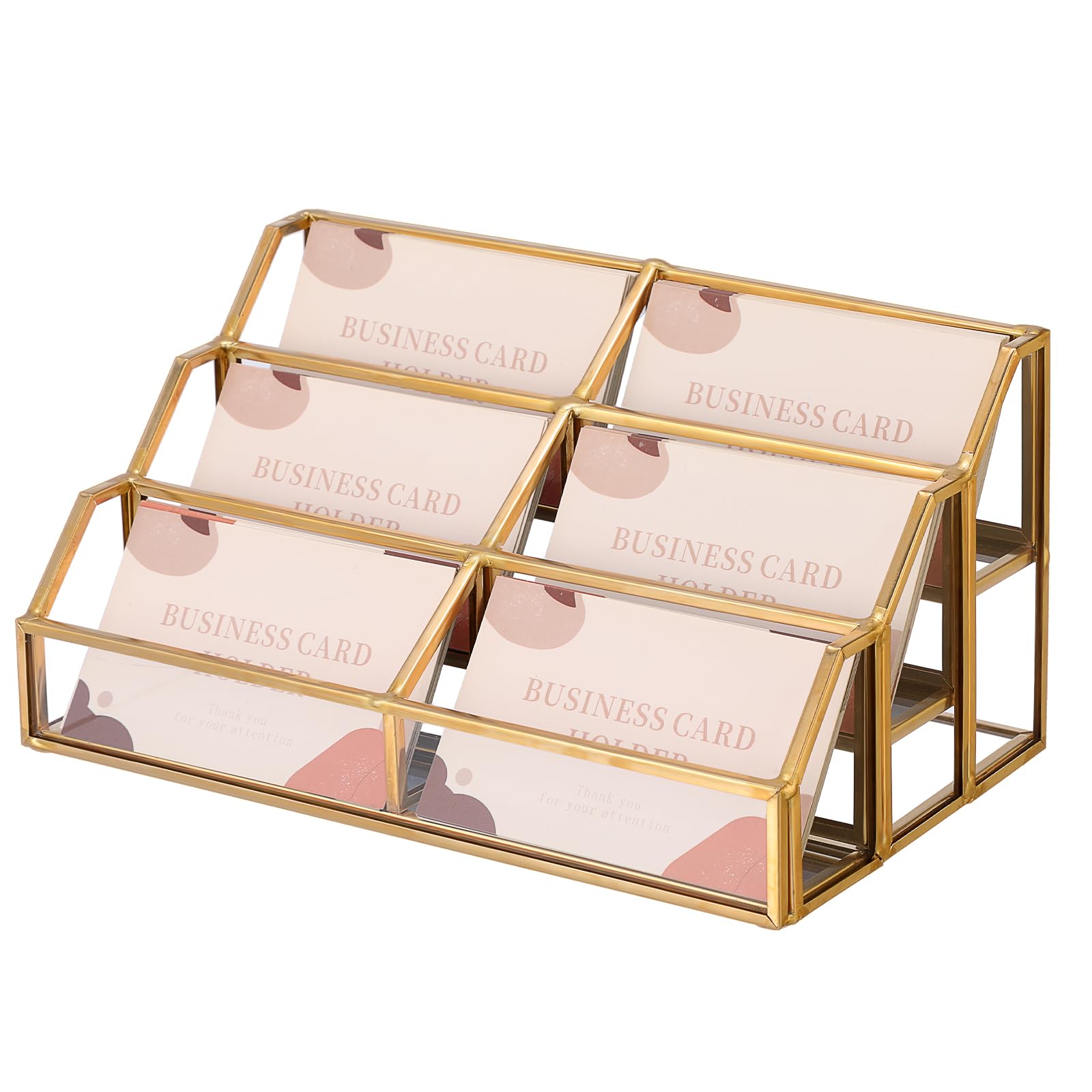 Hipiwe Soporte de cristal para tarjetas de visita de metal dorado, 6 ranuras