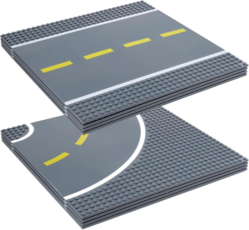 Placas base de carretera - Apilables para edificios de ladrillo - Compatibles con Lego y otras marcas - Placas de pista de carreras rectas y curvas - Paquete de 8, 10 x 10 pulgadas, 4 rectas y 4 curvas