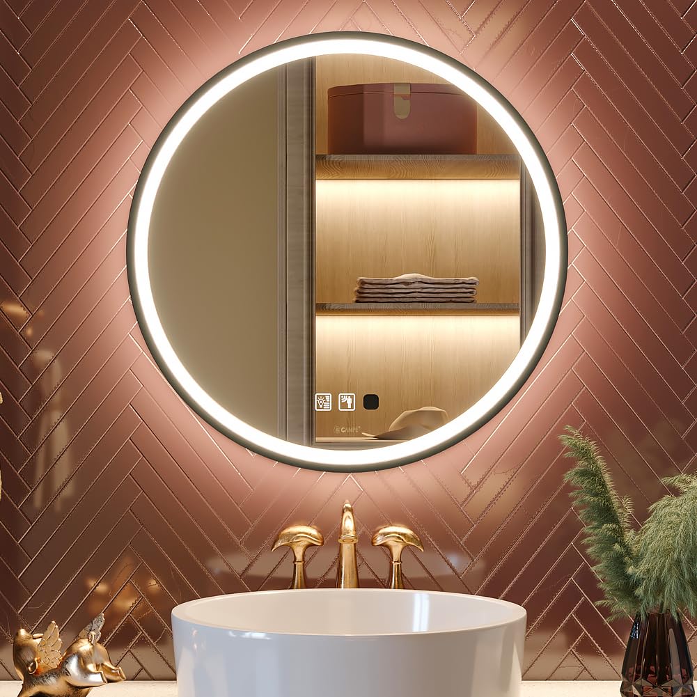 GANPE Miroir de courtoisie Rond à capteur LED, avec éclairage à intensité Variable, Anti-buée, étanche IP44, pour Salle de Bain (Noir, 70L x 70l cm)