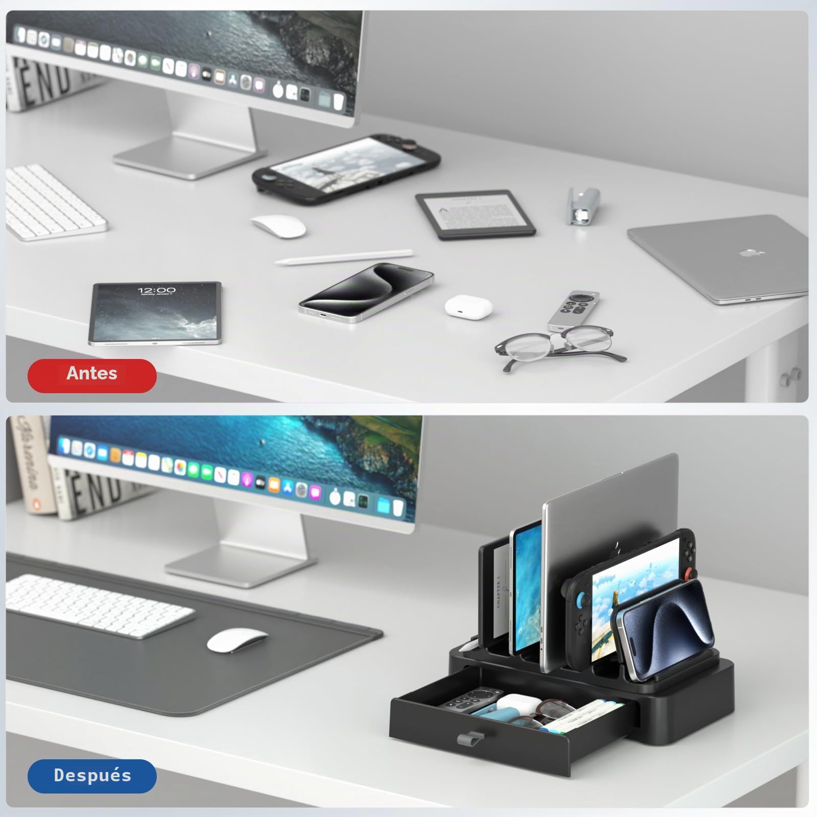 KDD Soporte Portatil Vertical con Cajón - Soporte Portatil Mesa Que Ahorra Espacio - Laptop Stand con Bloqueo por Gravedad para MacBook/DELL/HP/Chromebook/Surface Pro/Tabletas/Movil/Switch/Teclados