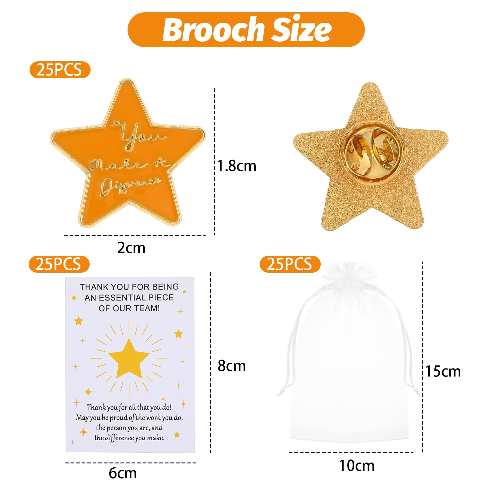 25 Sets Employee Appreciation GiftsEach Containing A Personalized Lapel Pin, Card, and Organza Pouch, suitable as Thank-You Gifts for Employees, Volunteers, Teachers, and NursesStar shape - Image 2