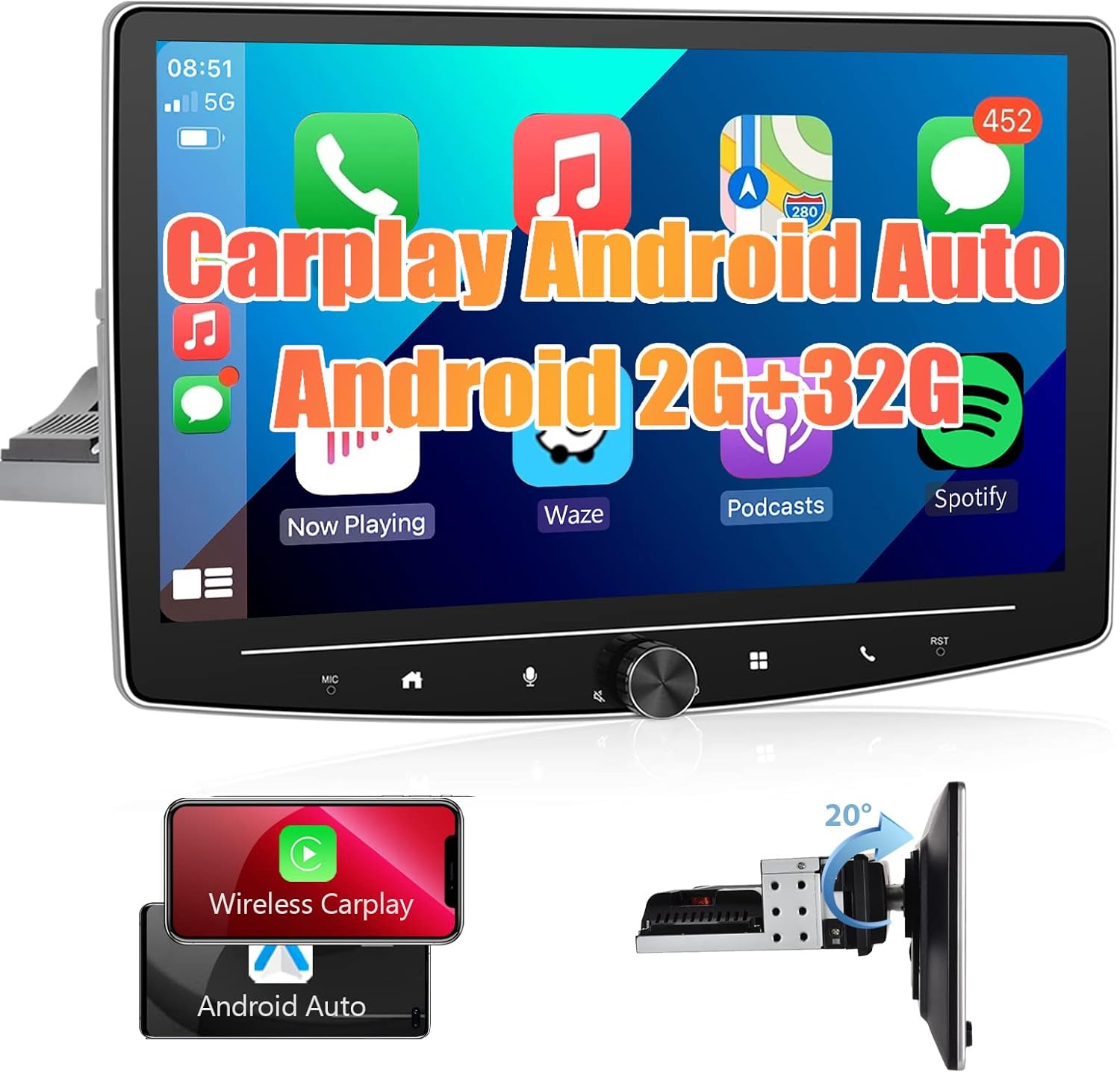 Podofo Autoradio 1 Din avec Écran Amovible 8'' Carplay Android Auto