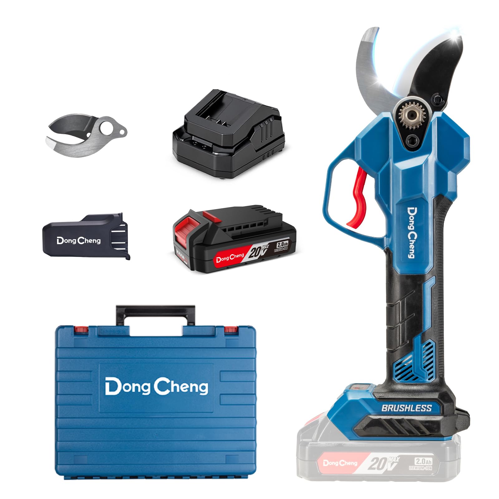 Dong Cheng 20V Brushless Electric Pruning Shears, 35mm Cutting Diameter Electric Secateurs with 2.0 Ah Battery＆SK5 Blade, 4 Cutting Diameter Levels Cordless Pruning Shears for Garden Tree Branches.