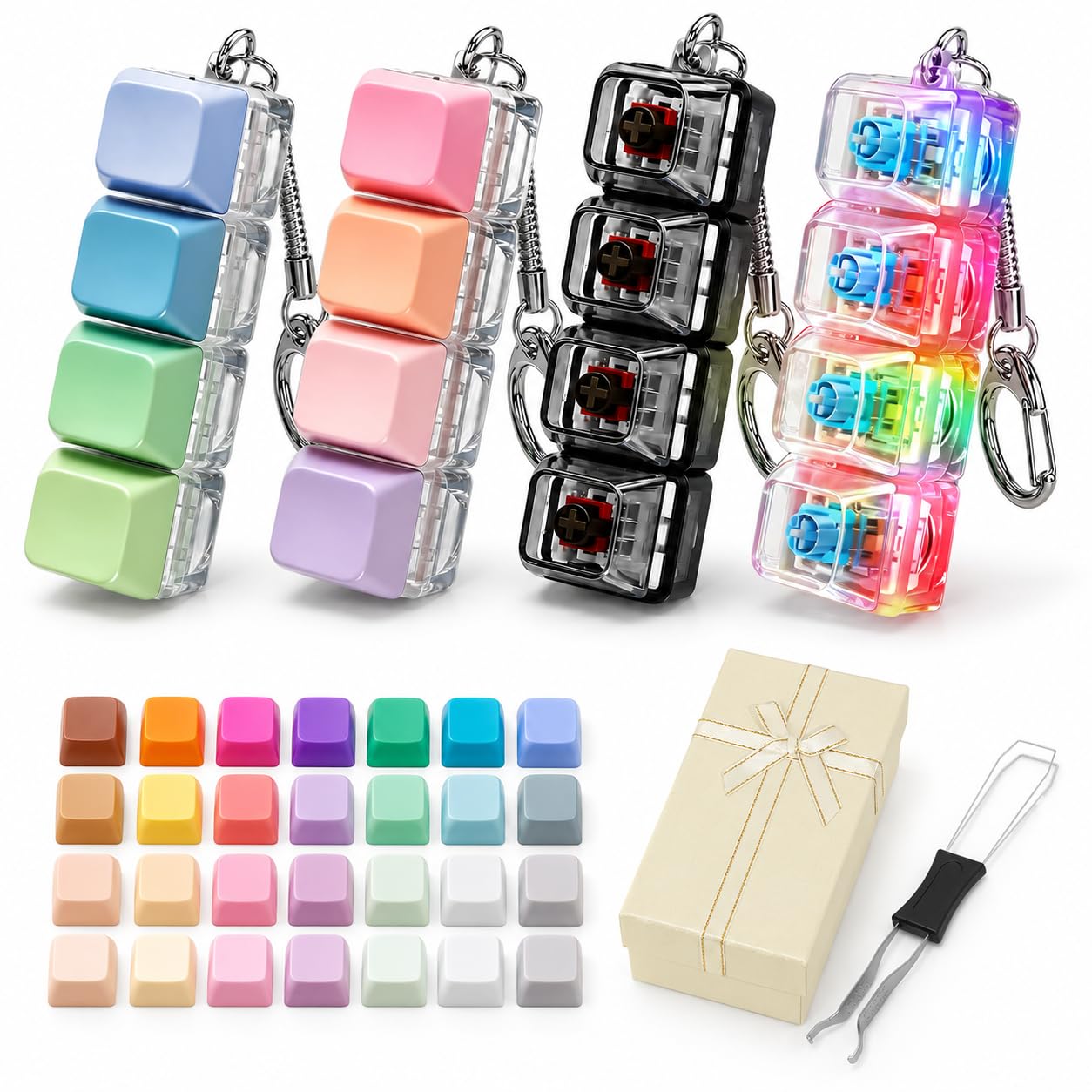 Keyboard Fidget Toy with LED Lights – 4-Key Clicky Keychain Clicker with 29 Replaceable Keycaps, Sensory Stress Relief Set with Gift Box & Clip for Adults