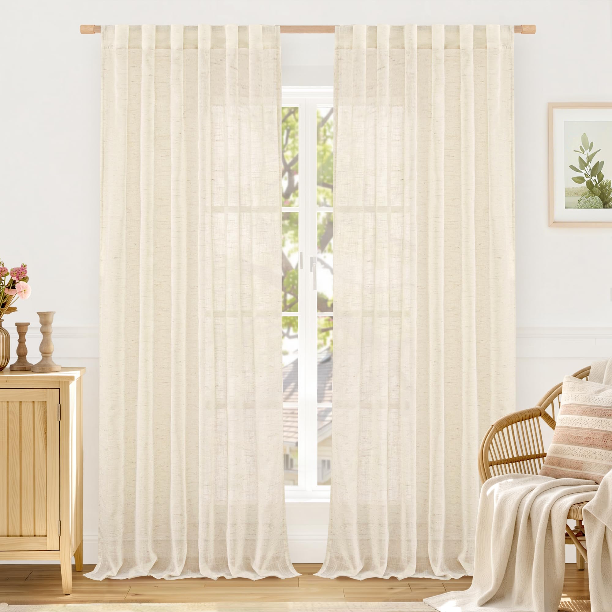 LAMIT Natural Linen Semi Sheer Curtains 84 Inches Long 2 Panels, Living Room Linen Textured Light Filtering Drapes Back Tab and Rod Pocket Neutral Window Panels for Bedroom/Sliding Door, 52 x 84 Inch — view 51