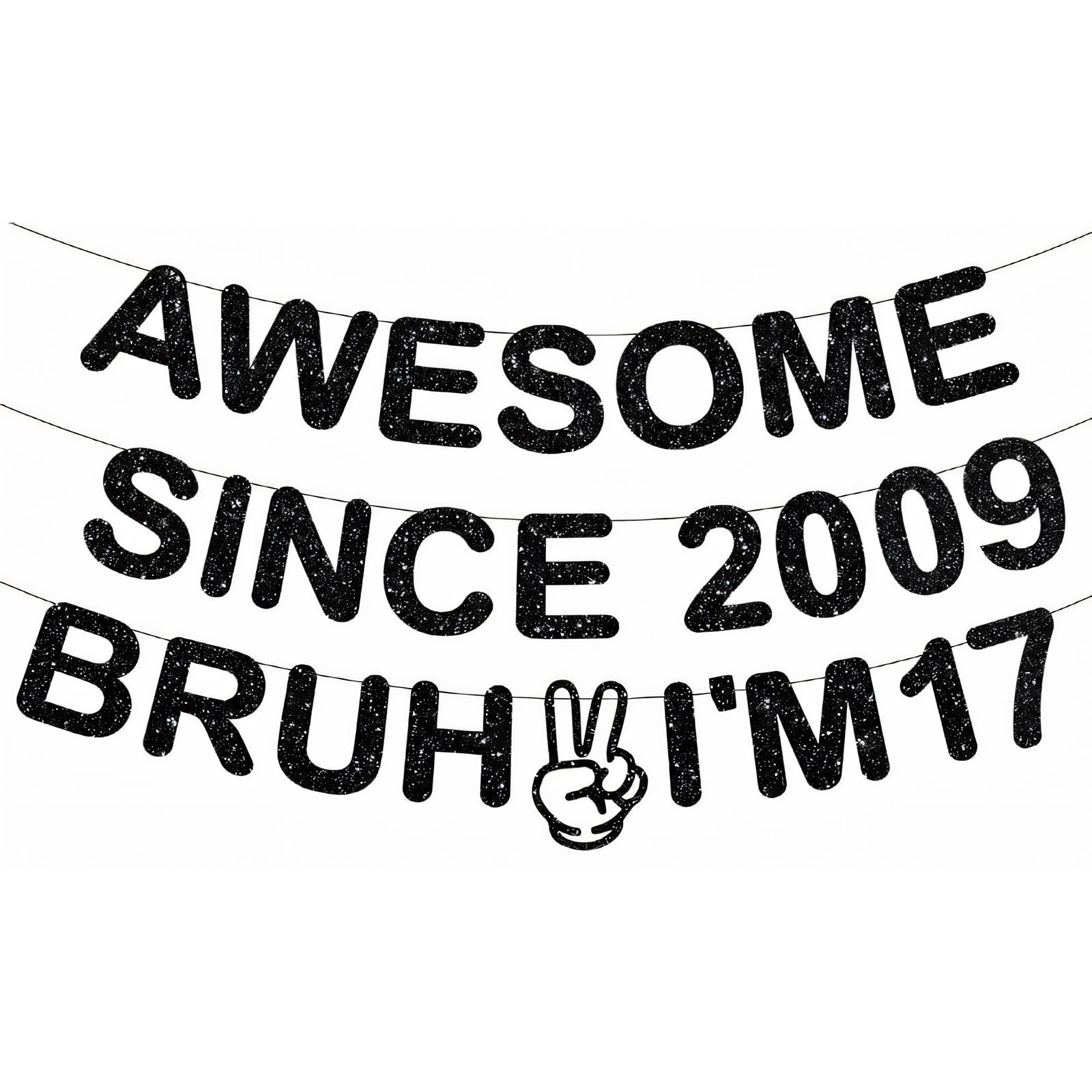 3Pcs 17th Birthday Banner, Black Glitter 17 Year Olds Party Decorations, Awesome Since 2009 & Bruh I'M 17 Banner, Funny 17 Birthday Decoration for Boys, 17 Year Sign Anniversary Party Supplies