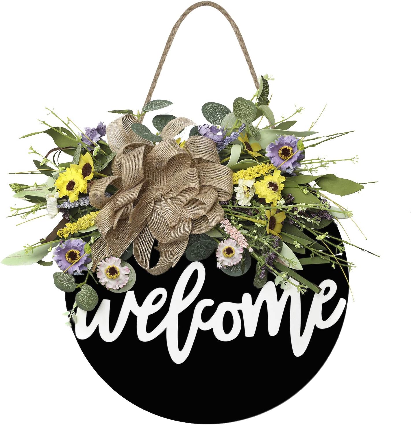 Welcome Sign for Front Door Wooden Hanging Sign Daisy and Lavender Spring and Summer Wreath for Front Porch Outdoor Restaurant Home Decoration (12 inch, Black Welcome)