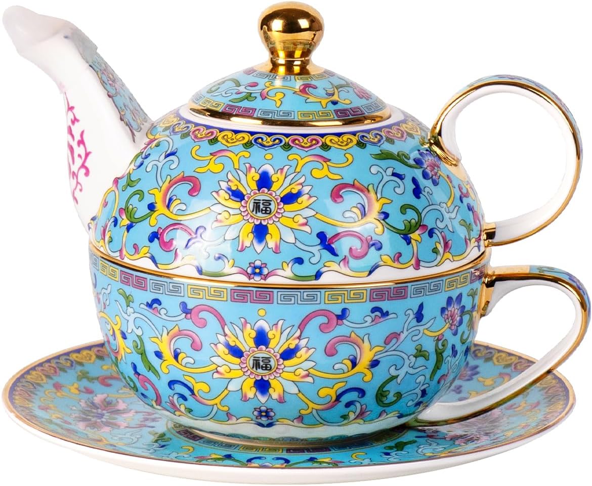 Tea for One, Porcelain Teapot and Cup Set, Vintage Tea Pot and Saucers Set, Ceramic Tea Set for Tea Party, Office and Home, Lake Blue Tea Cups and Saucer Set for Coffee, Cappuccino, Tea