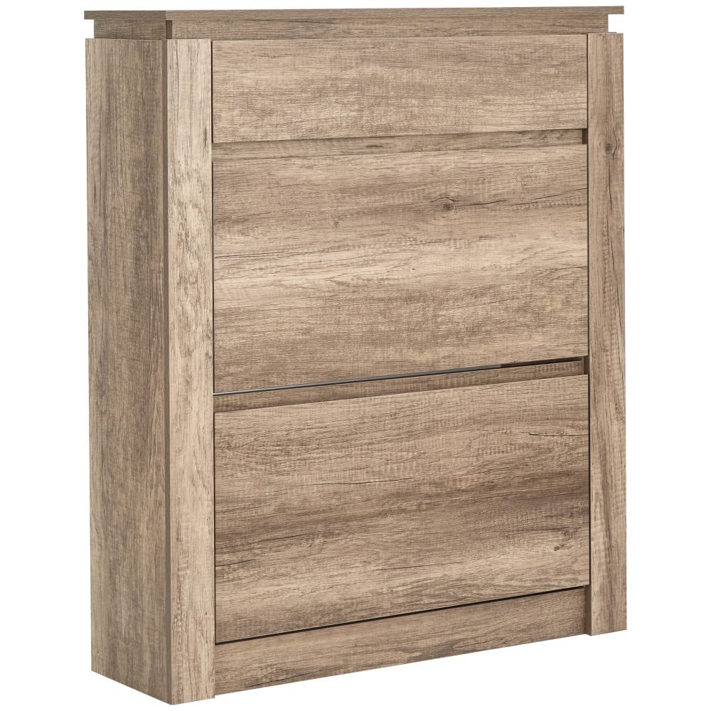 GFW Canyon Oak Shoe Cabinet, Oak Effect Shoe Storage Cabinet with Drawer, Hallway Storage Unit