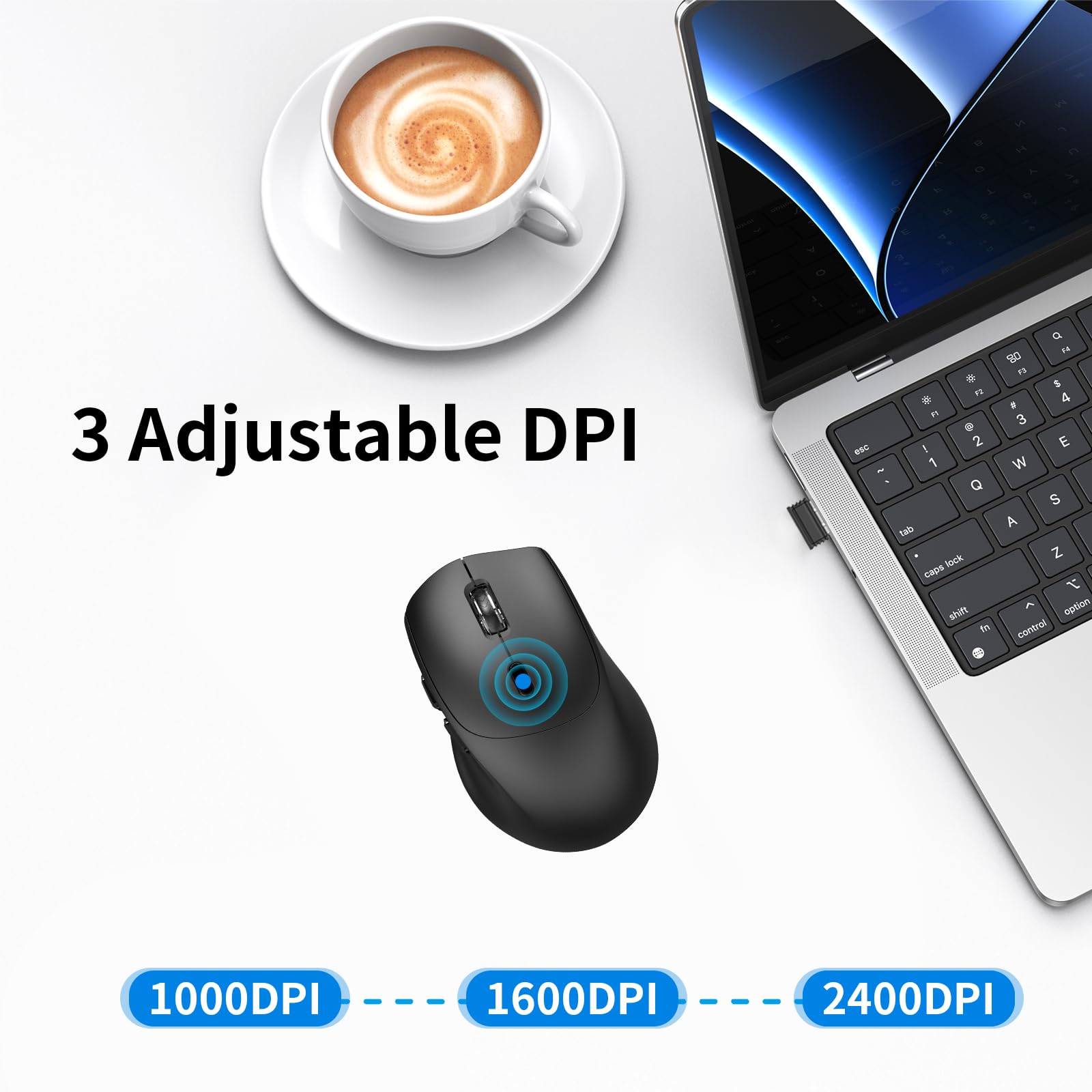 Ratón inalámbrico ergonómico, botones laterales, 2400 DPI, ratón inalámbrico silencioso y antideslizante, 2,4 GHz con receptor USB, 6 botones, apto para laptop, PC, Chromebook y Windows, color negro