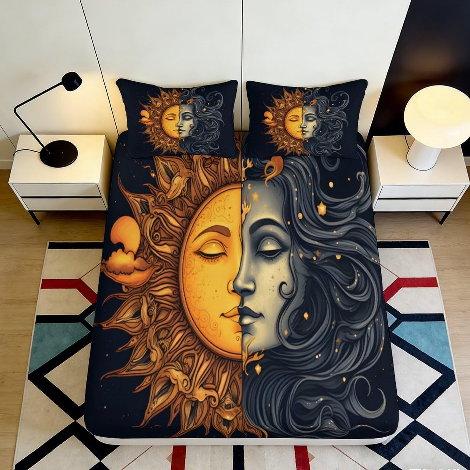 3D Printed Sun Moon Fitted Sheet Microfiber Soft Breathable Celestial Night Bed Cover for Bedroom Dorm Decor 90x200x25cm