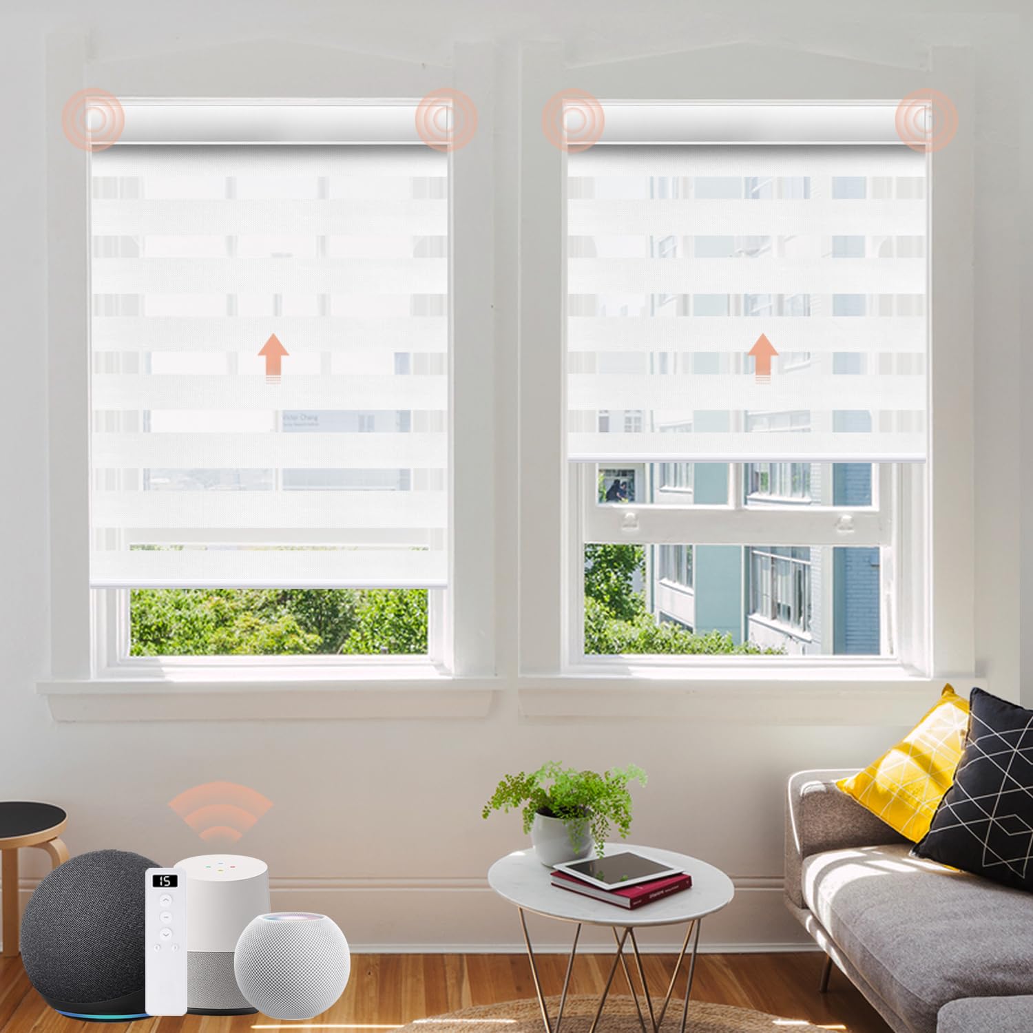 Motorized Zebra Blinds with Remote: Canisteo Automatic Shades for Indoor Windows Work with HomeKit,Alexa, 90% Blackout Light Filtering Horizontal Blinds, Customized for Home Office, Greyish White