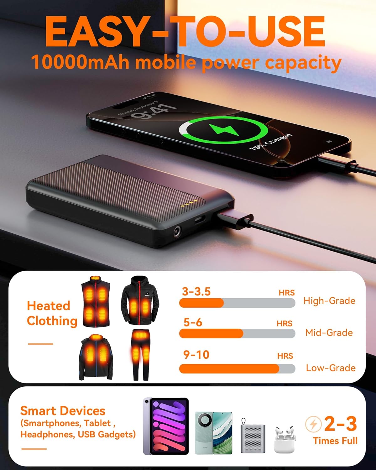 Upgraded Heated Vest Battery Pack - 7.4V2A 10000mAh DC Output Rechargeable for ORORO and Venustas Heating Jackets Coats Pants Underwear Battery, with DC Plug Adapter and Charging Accessories - Image 5