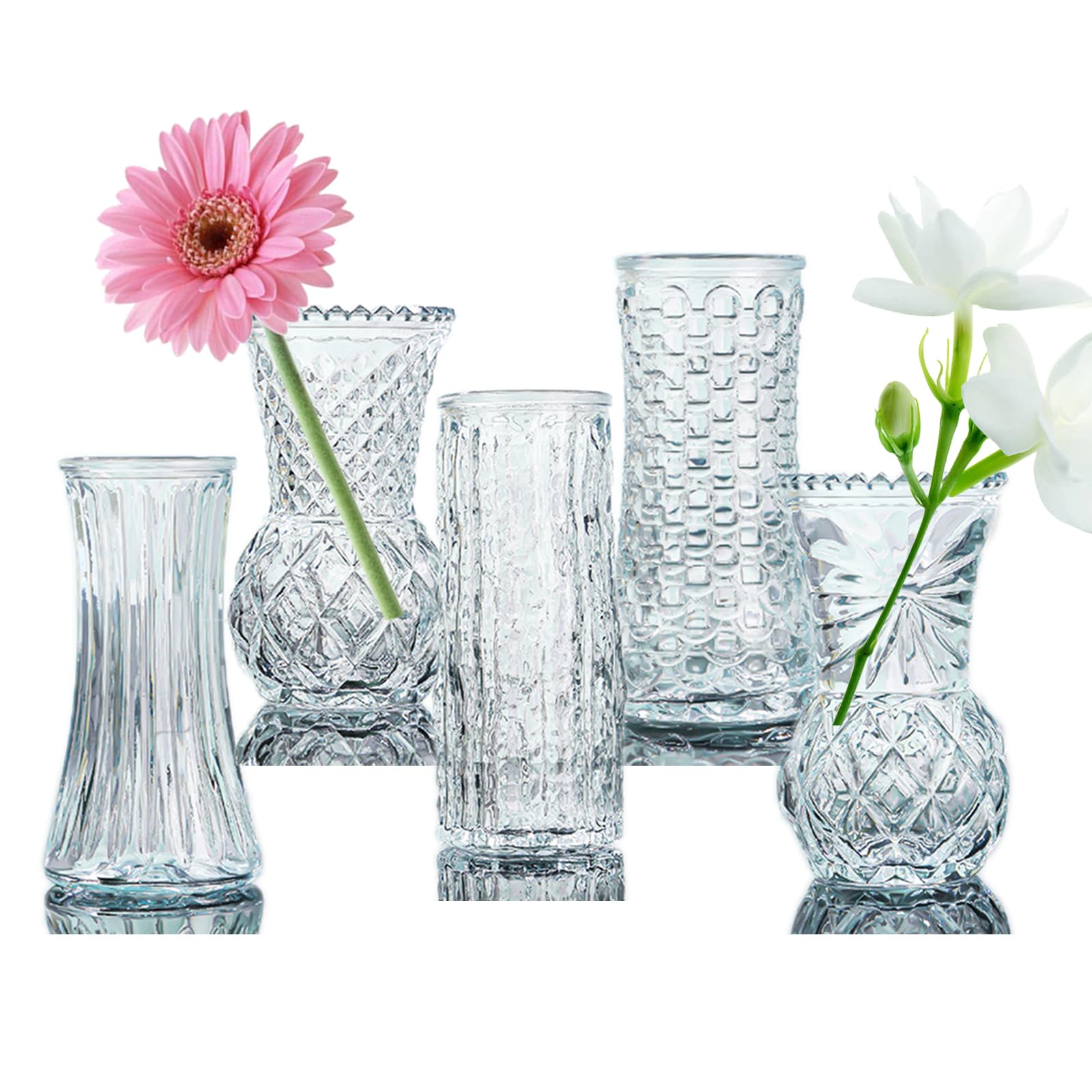 Clear Vases for Centerpieces Eylkoi: Glass Bud Vase Set of 5 Decorative, Vintage Embossed in Bulk Crystal Textured Cute, Wedding Decor Mini Flower Floral Vase for Rustic Wedding, Home Table, Party