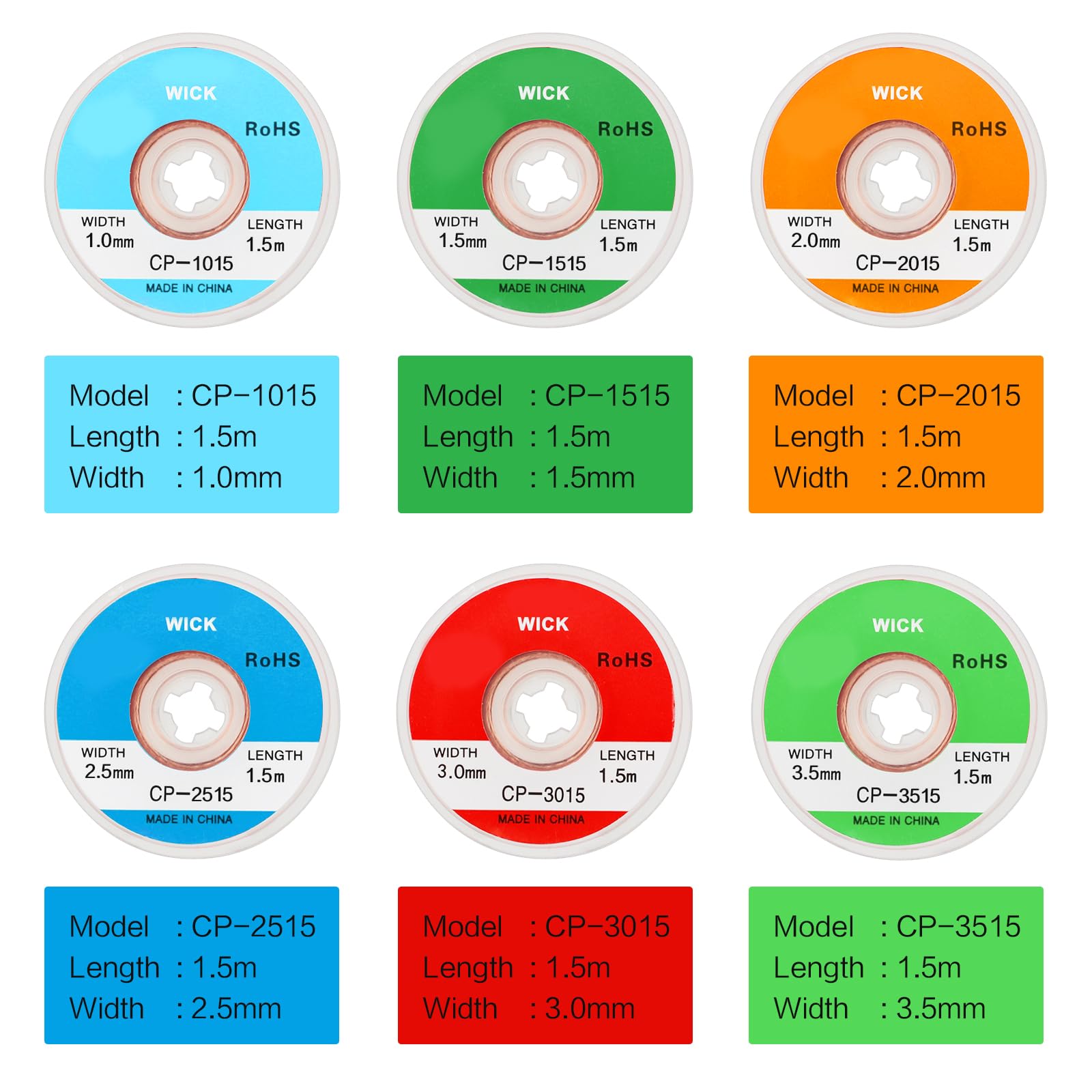 7 Rotoli Filo Dissaldante a Treccia, 1,5M Stoppini Dissaldanti in Rame Filo per la Rimozione dello Stagno con una Larghezza di 1mm/ 1,5mm/ 2mm/ 2,5mm/ 3mm/ 3,5mm