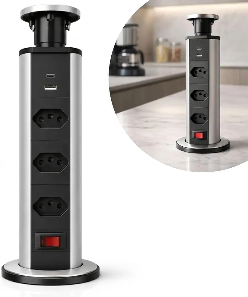 Torre de Tomada de Embutir Multiplug Retrátil com USB-C e USB | 3 Tomadas Padrão Brasileiro (2x 20A + 1x 10A) | Para Bancada e Mesa | Suporta Airfryer e Cafeteira | Cozinha, Escritório e Home Office