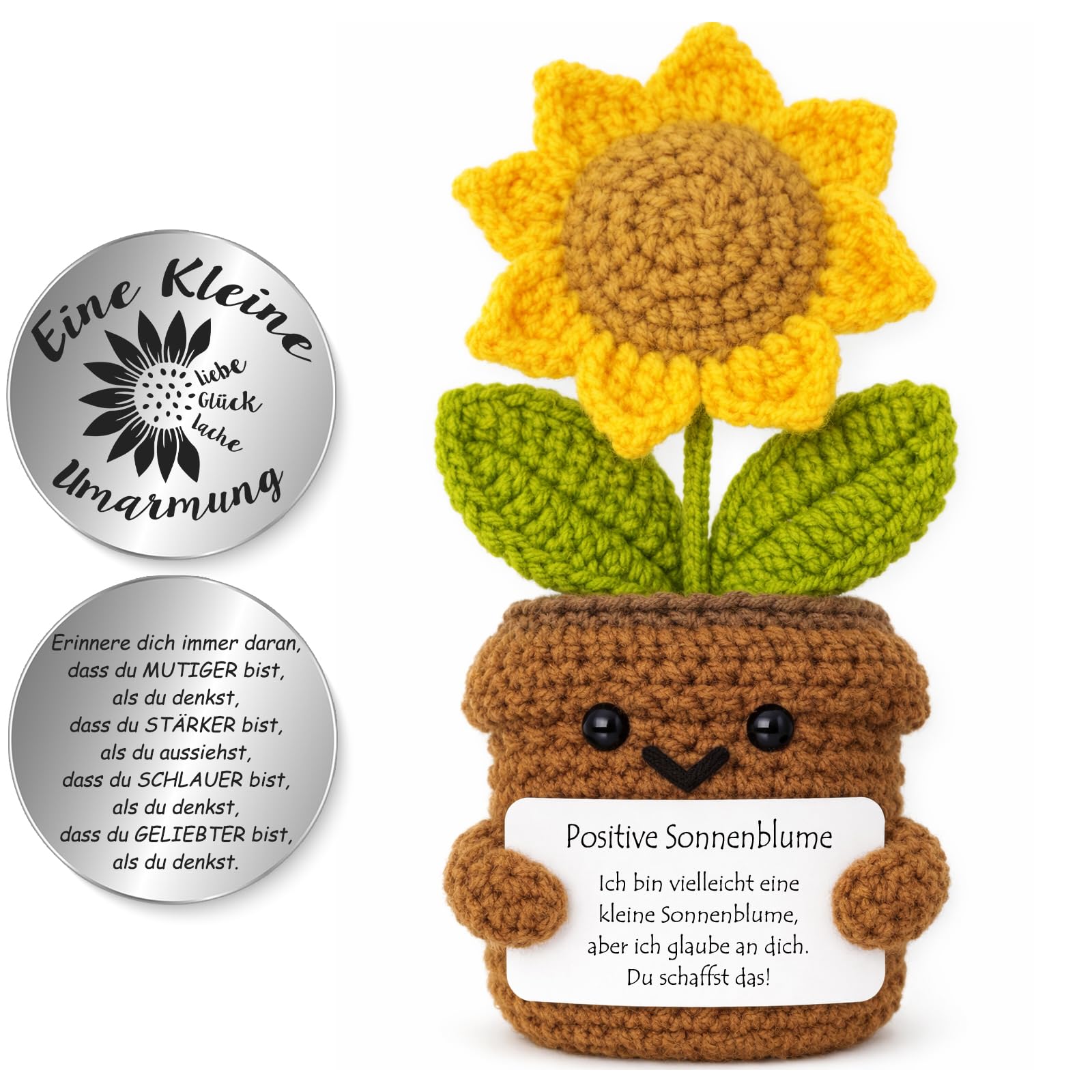 Tixlux Pocket Hug Positive Sonnenblumen-Figur, Kreative Strickwolle Figurine mit Kleiner Umarmung Glücksbringer, Mutmacher Geschenk, Gute Besserung Geschenk, EinschulungGeschenk