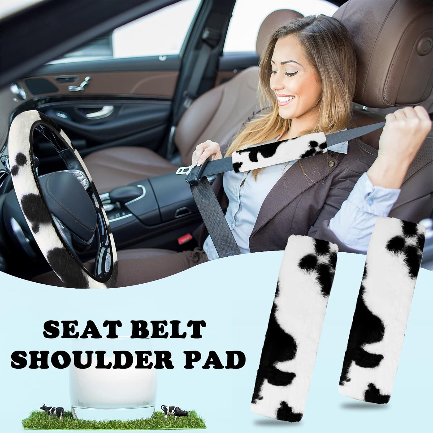 JINGSEN11 Pieces Fluffy Car Accessories Set,Fluffy Cow Print Plush Steering Wheel Covers for Women Soft Fleece Handbrake Cover Shift Cover Car Trim Warm Non-Slip (Black)