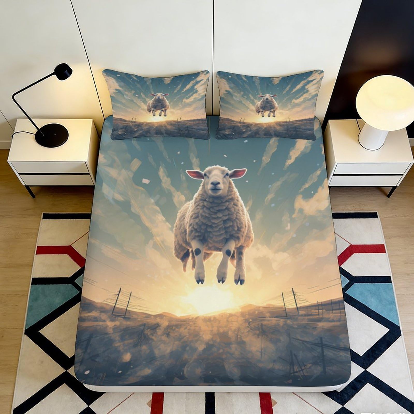 3D Printed Sunset Sheep Fitted Sheet Microfiber Soft Non-slip Pastoral Meadow Bed Cover Washable Decor for Bedroom 90x200x25cm